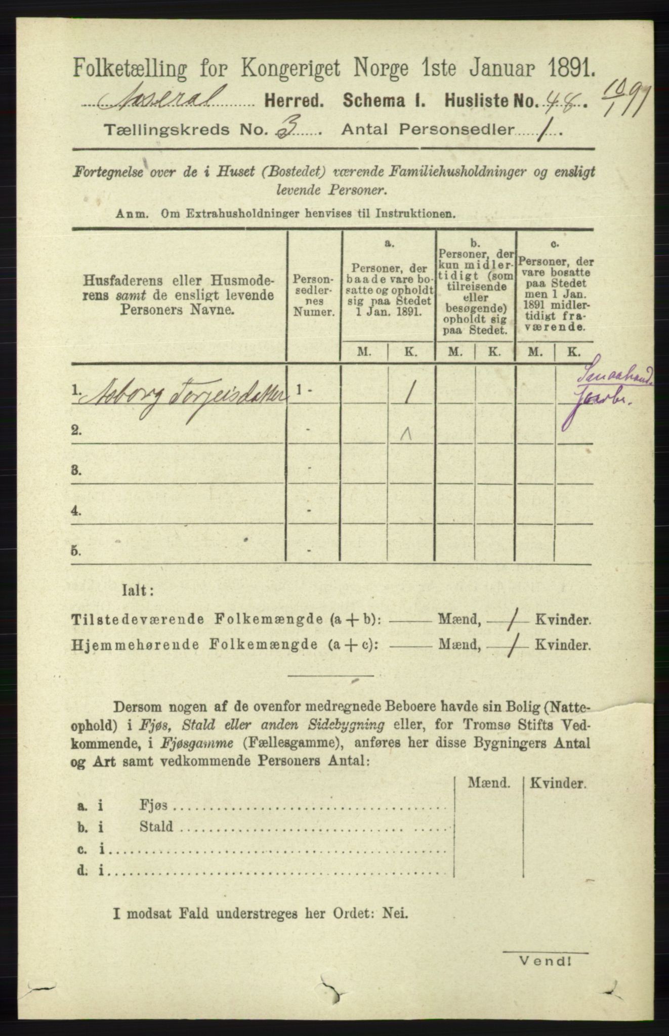 RA, 1891 census for 1026 Åseral, 1891, p. 771