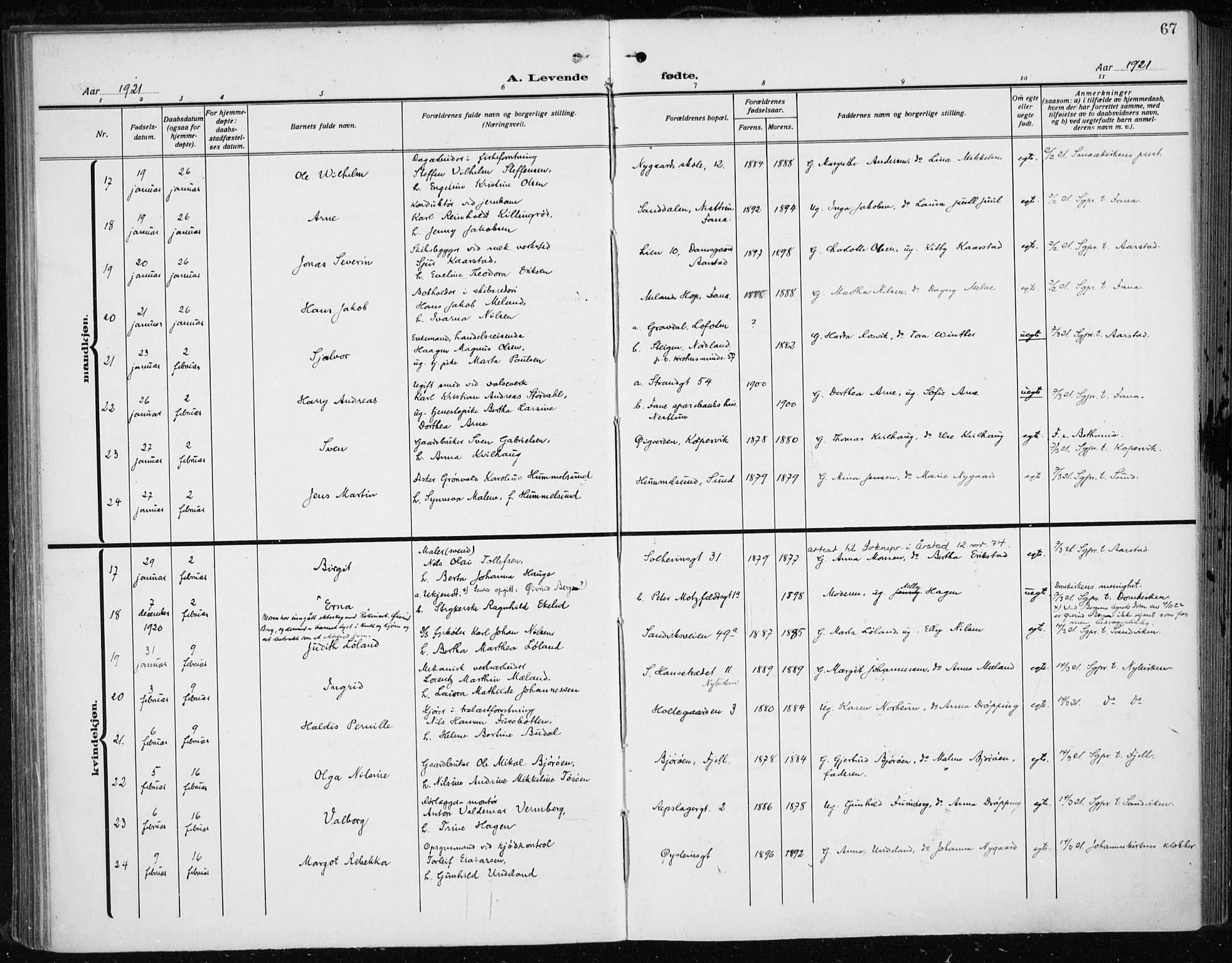 Fødselsstiftelsens sokneprestembete*, SAB/-: Parish register (official) no. A 5, 1918-1926, p. 67