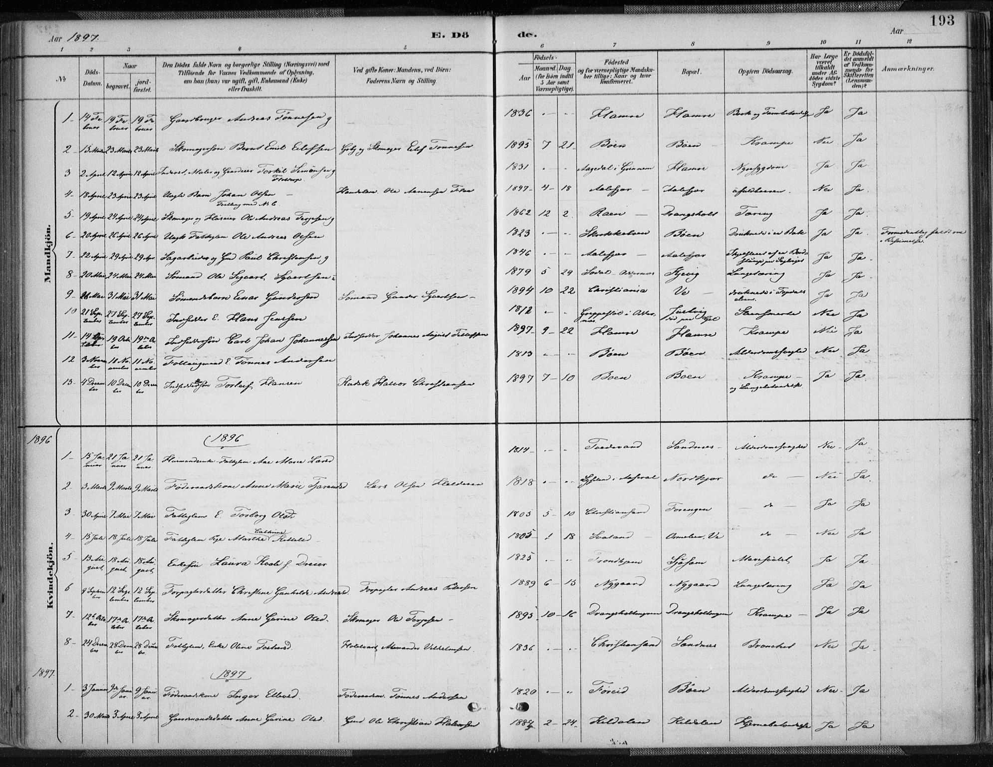 Tveit sokneprestkontor, AV/SAK-1111-0043/F/Fa/L0007: Parish register (official) no. A 7, 1887-1908, p. 193