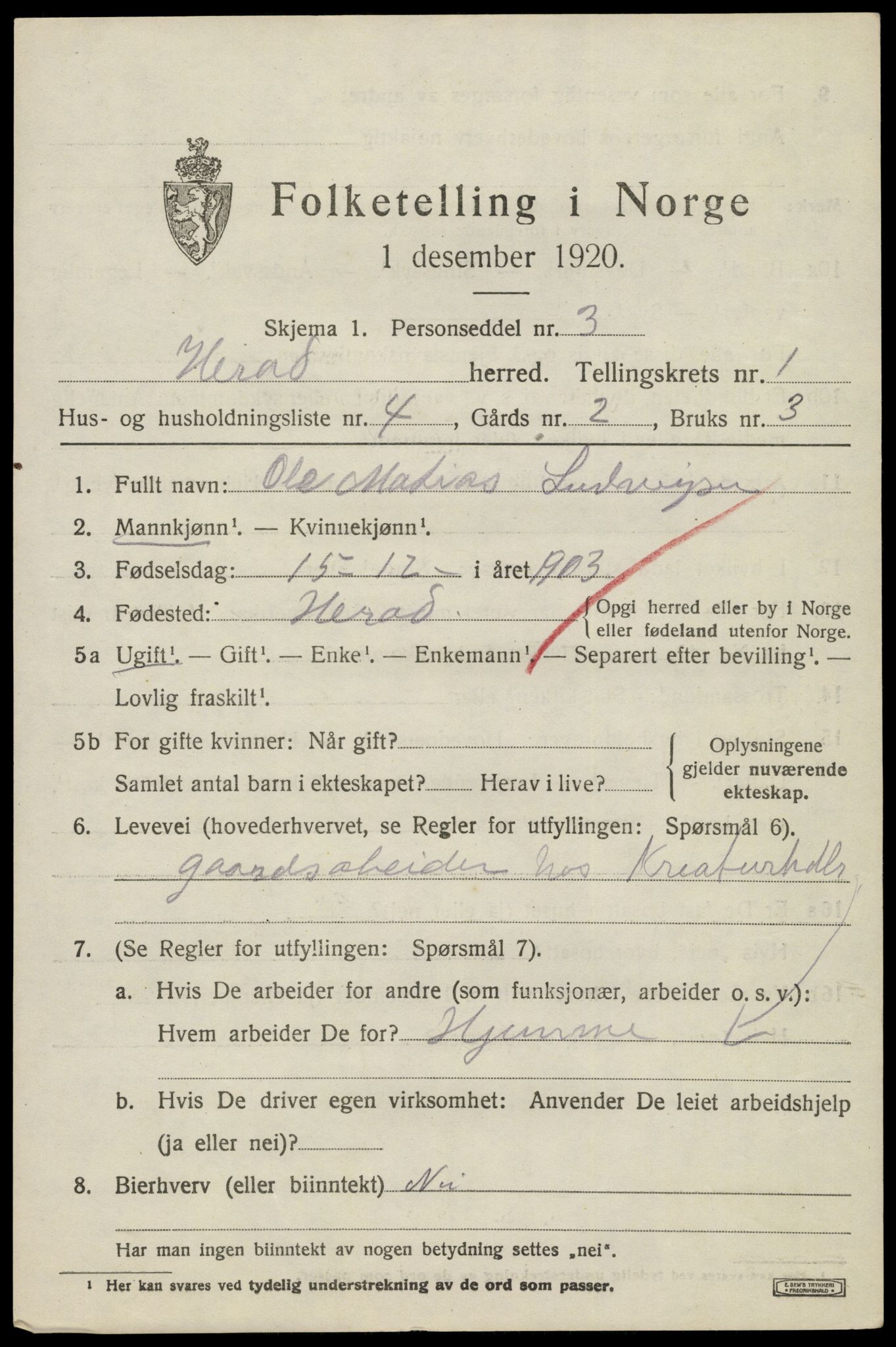 SAK, 1920 census for Herad, 1920, p. 466