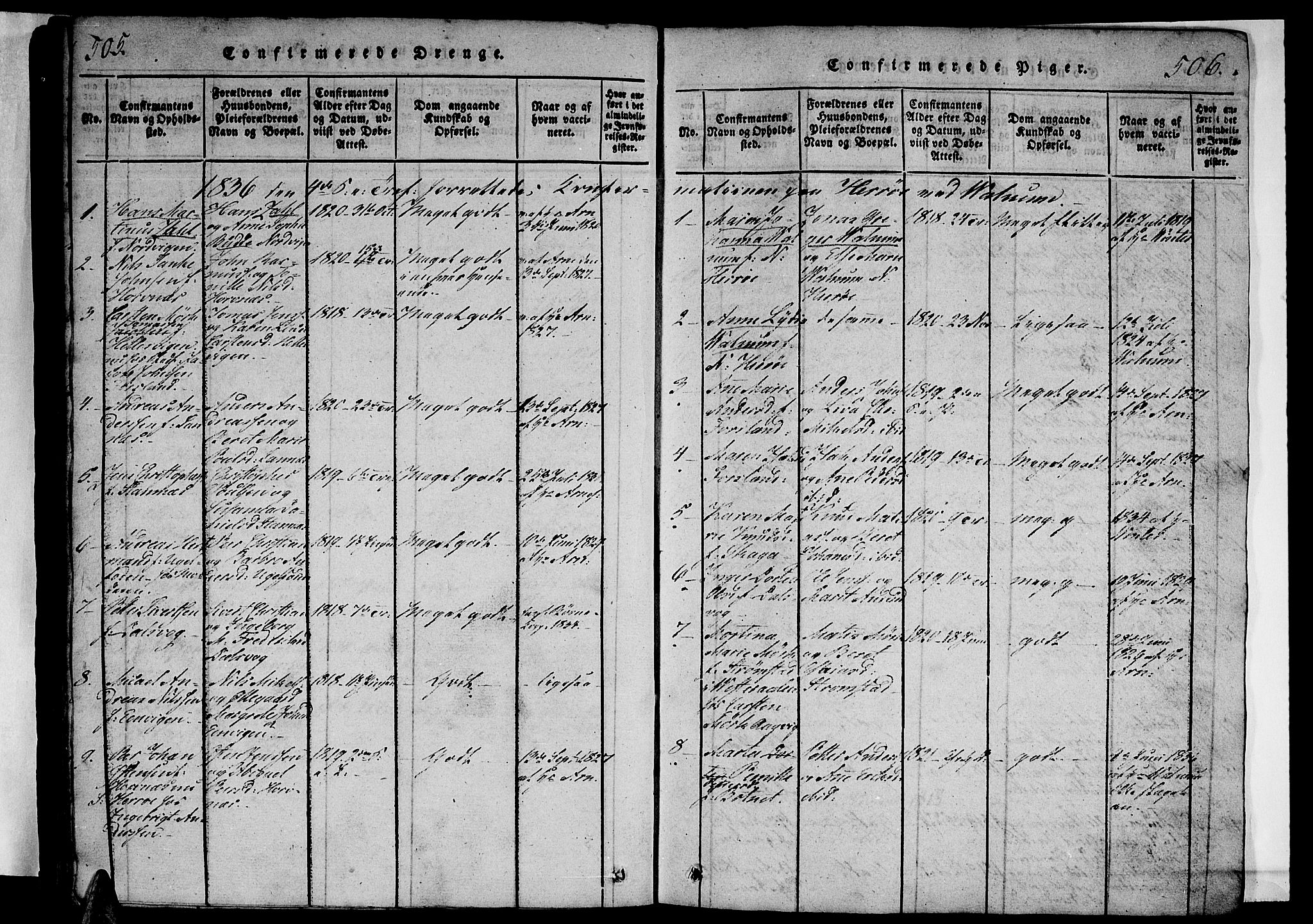 Ministerialprotokoller, klokkerbøker og fødselsregistre - Nordland, AV/SAT-A-1459/834/L0510: Parish register (copy) no. 834C01, 1820-1847, p. 505-506