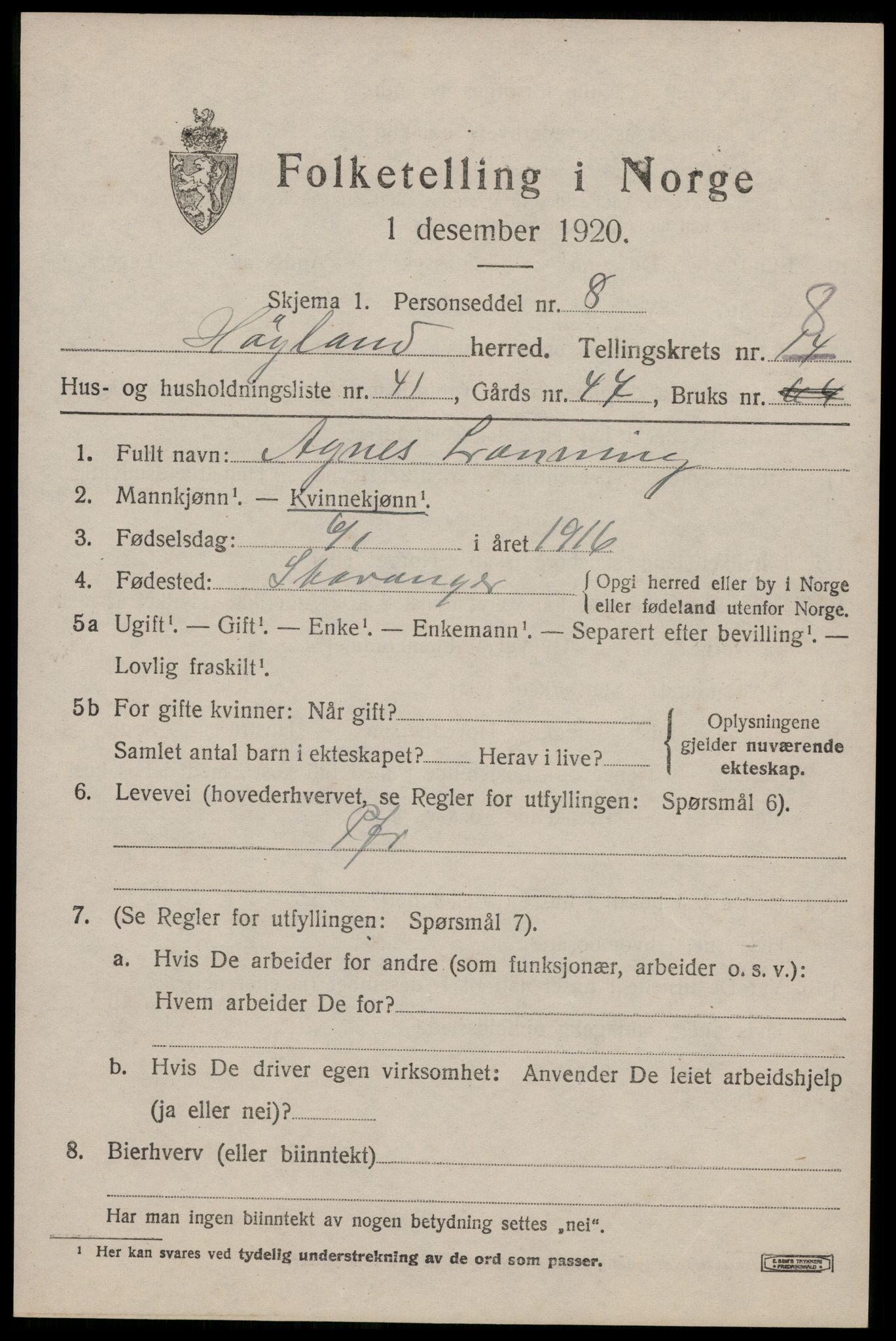 SAST, 1920 census for Høyland, 1920, p. 5716