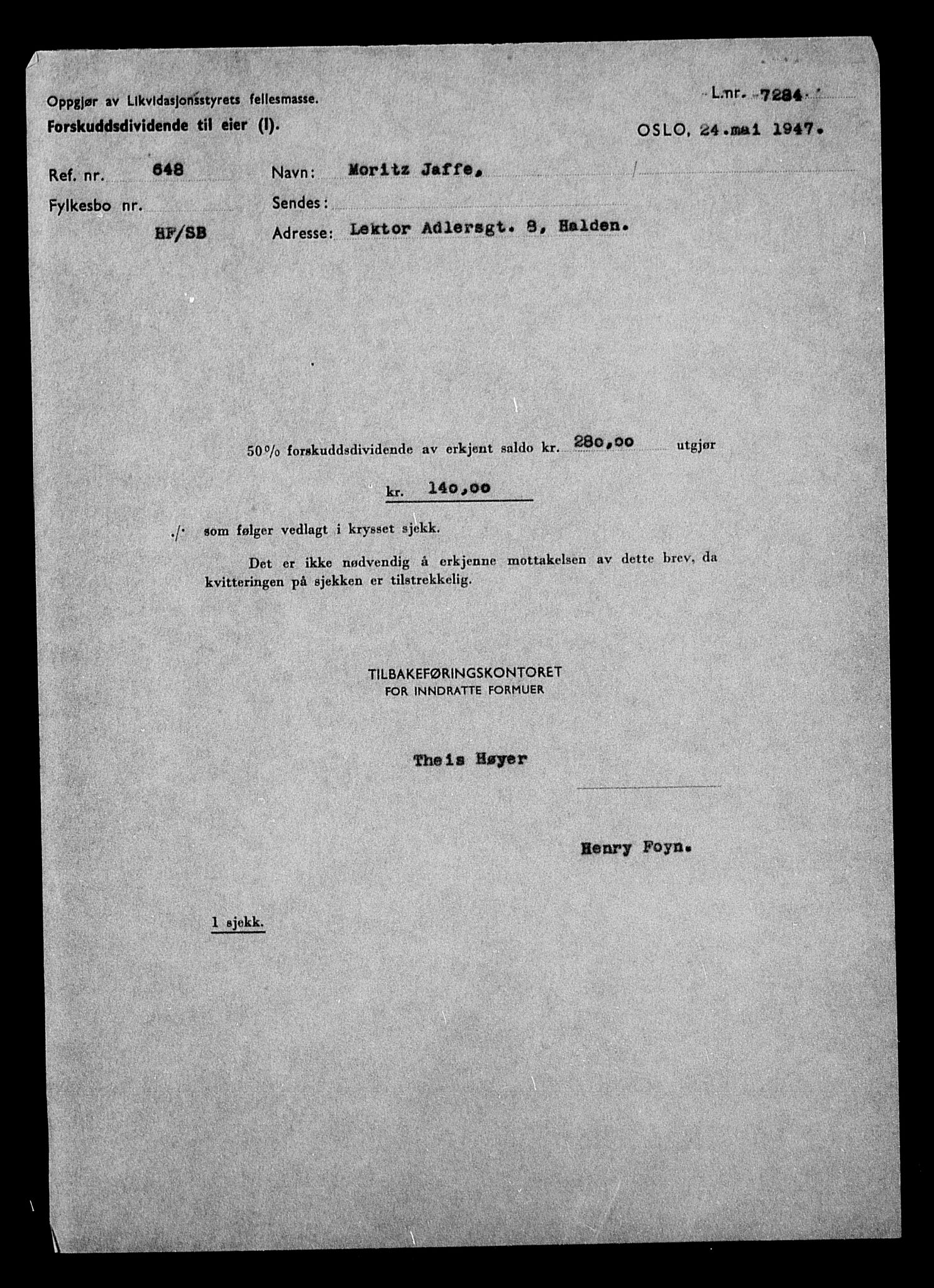 Justisdepartementet, Tilbakeføringskontoret for inndratte formuer, AV/RA-S-1564/H/Hc/Hcd/L1000: --, 1945-1947, p. 519