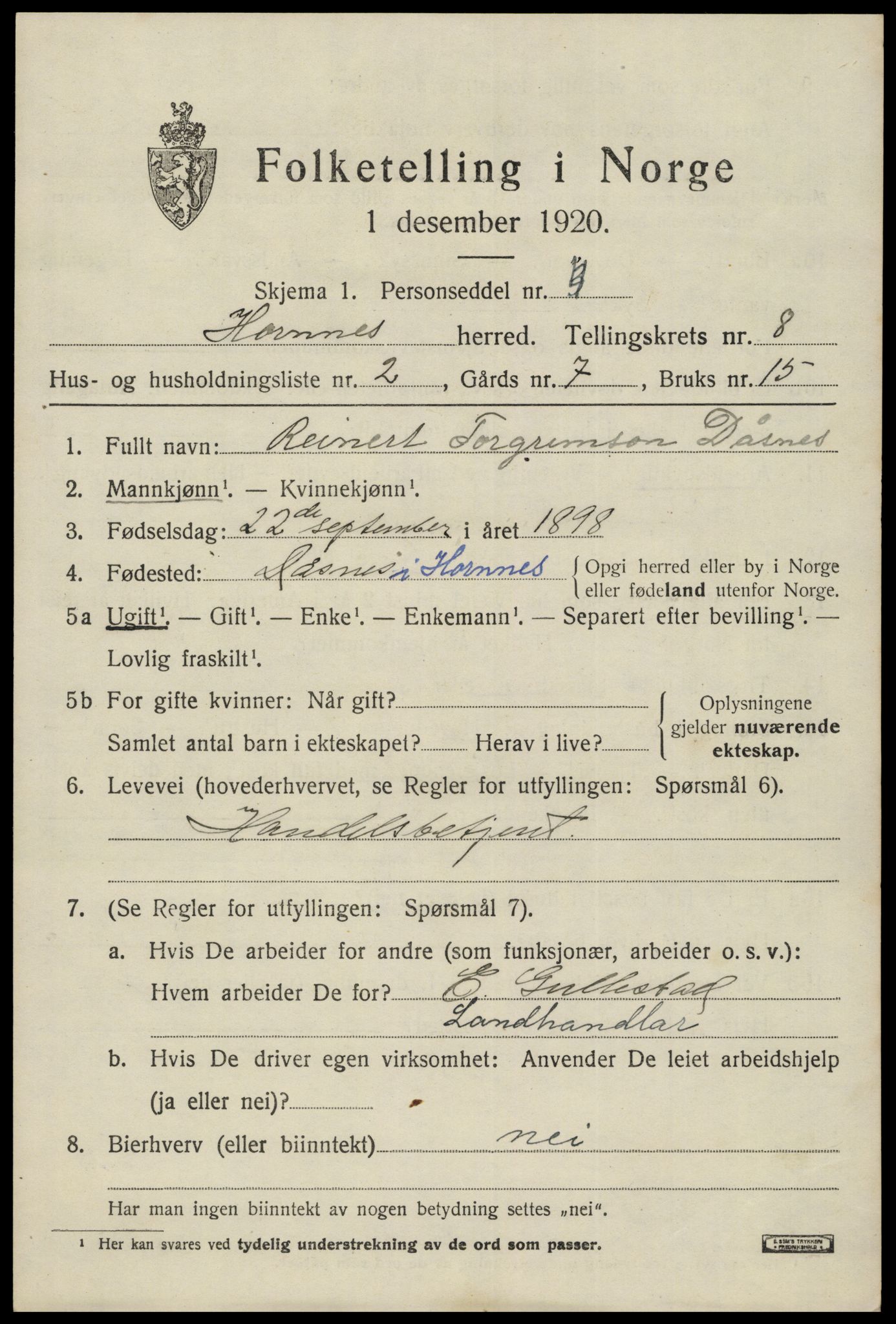 SAK, 1920 census for Hornnes, 1920, p. 1793