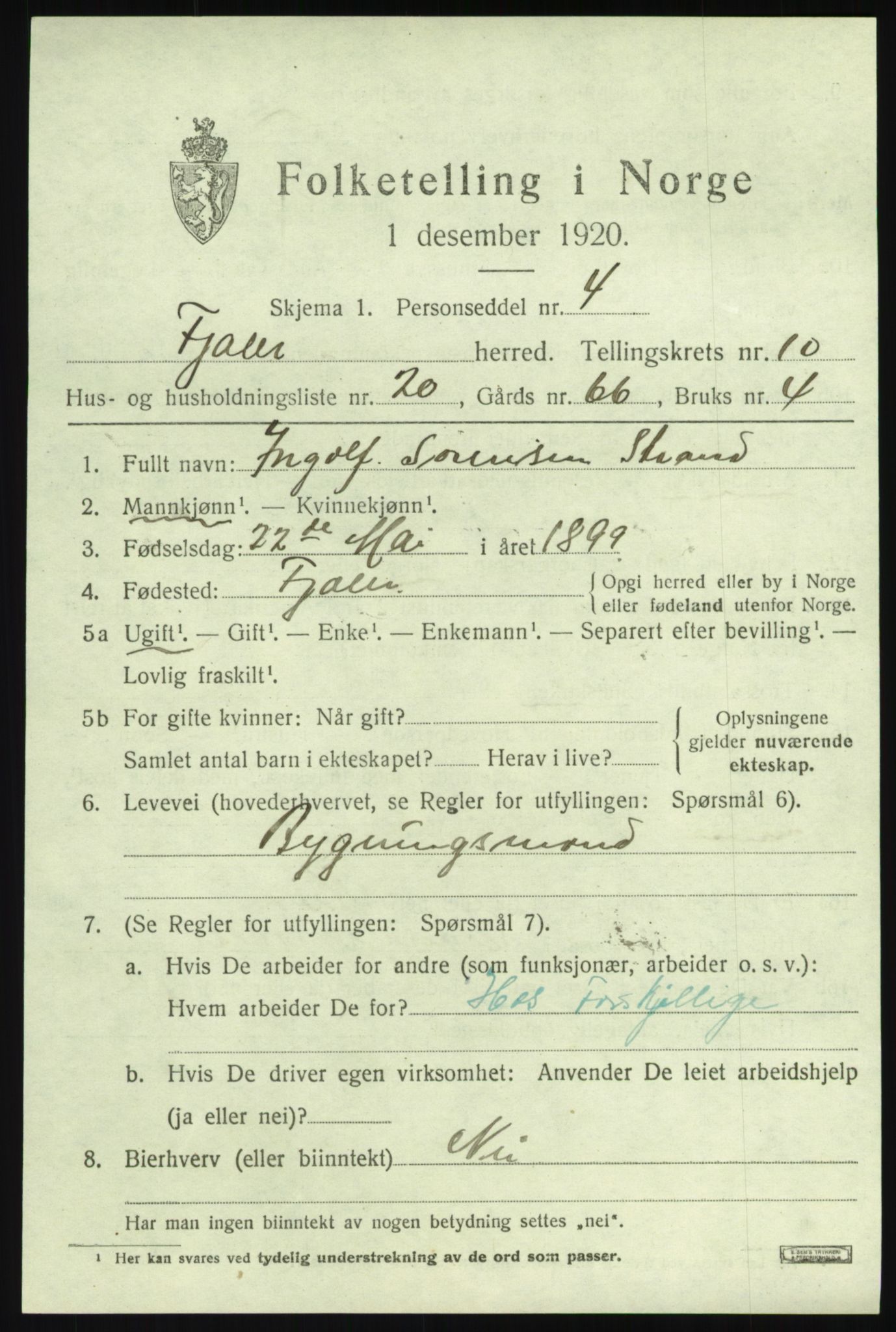 SAB, 1920 census for Fjaler, 1920, p. 5195