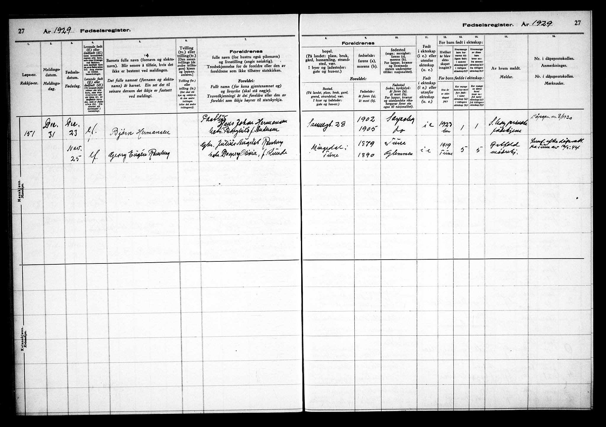 Sarpsborg prestekontor Kirkebøker, AV/SAO-A-2006/J/Ja/L0003: Birth register no. 3, 1929-1935, p. 27