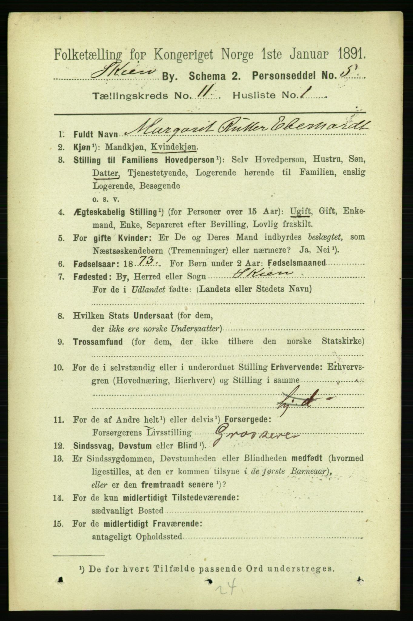 RA, 1891 census for 0806 Skien, 1891, p. 3858