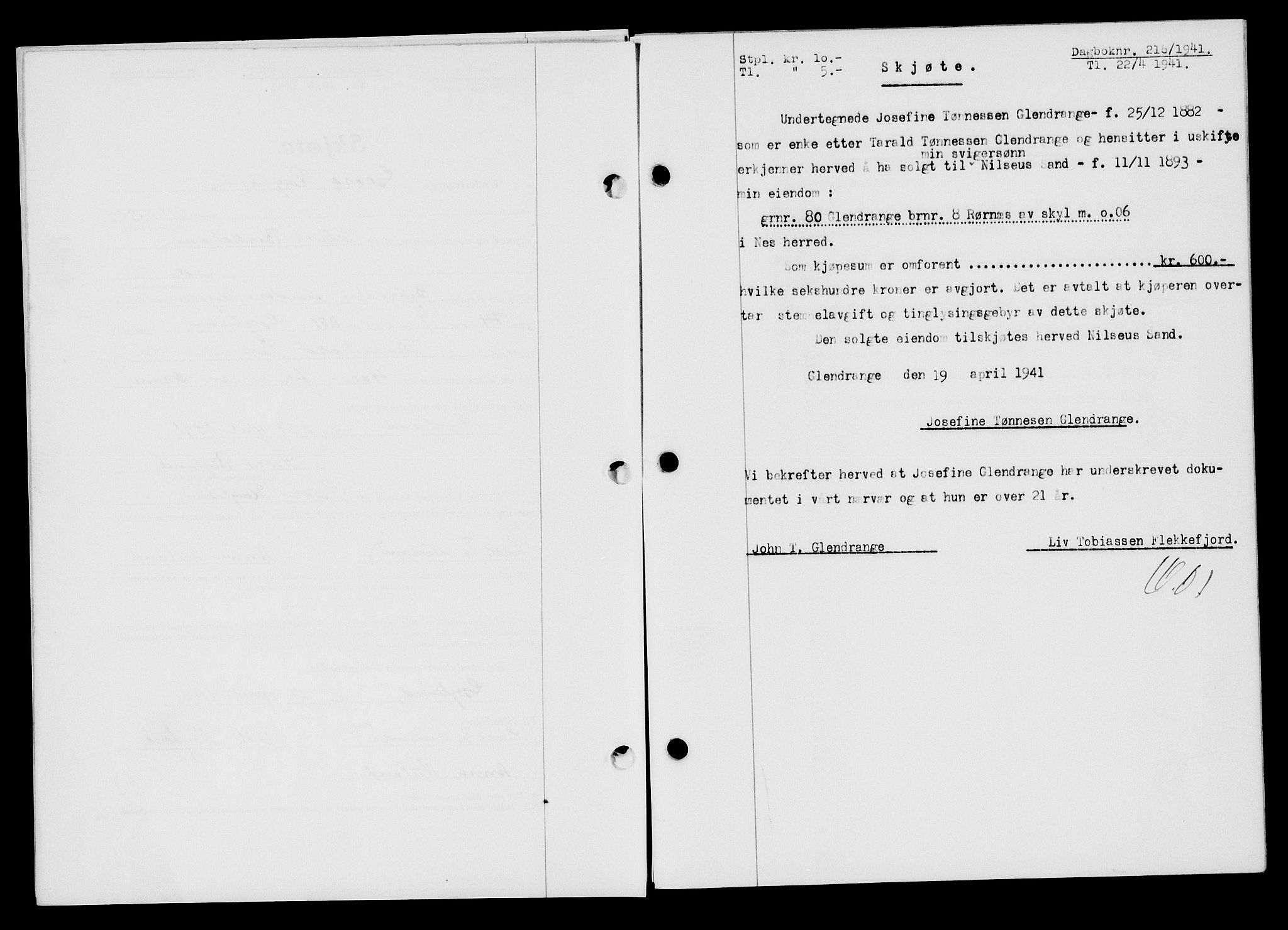 Flekkefjord sorenskriveri, AV/SAK-1221-0001/G/Gb/Gba/L0056: Mortgage book no. A-4, 1940-1941, Diary no: : 216/1941