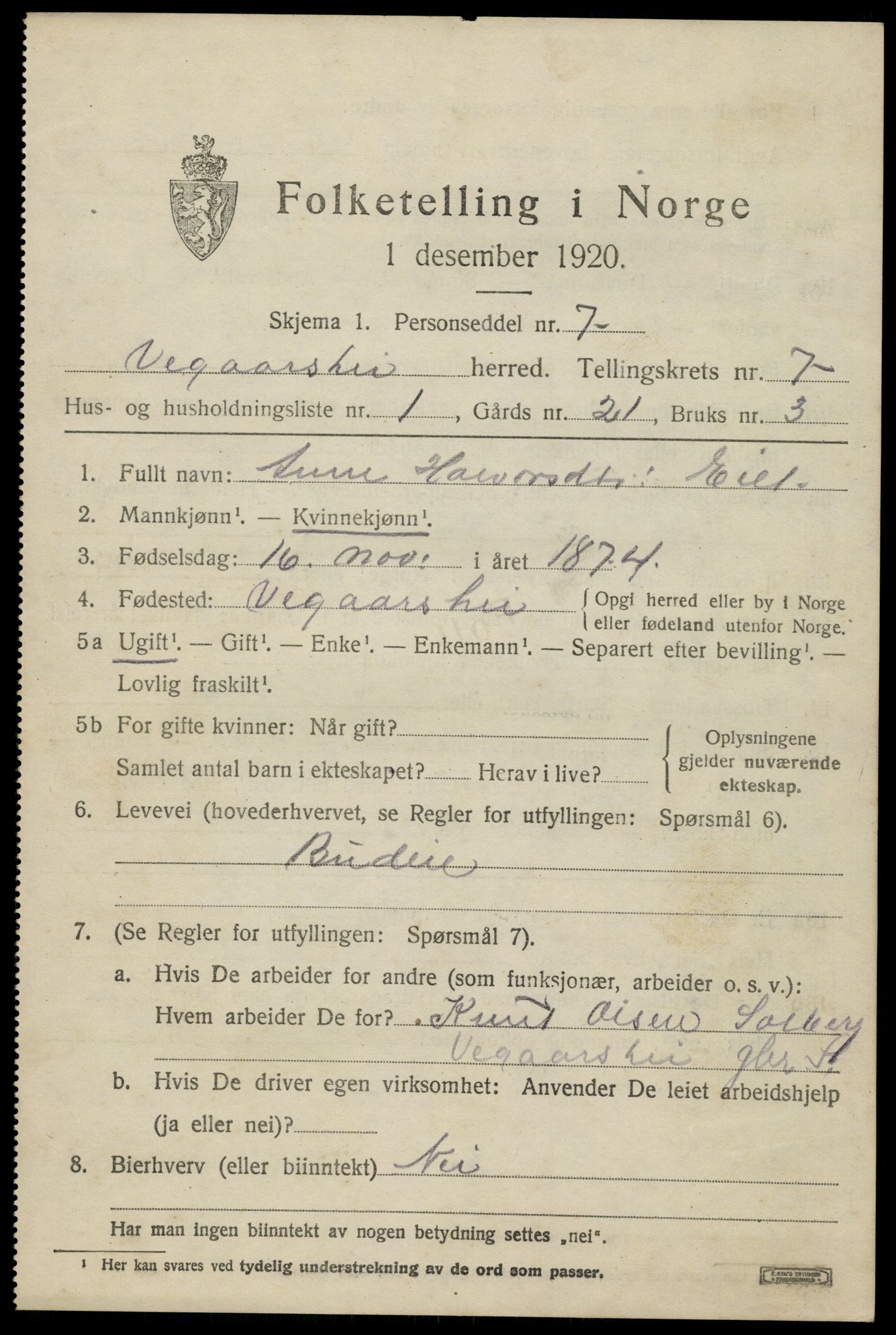 SAK, 1920 census for Vegårshei, 1920, p. 2468