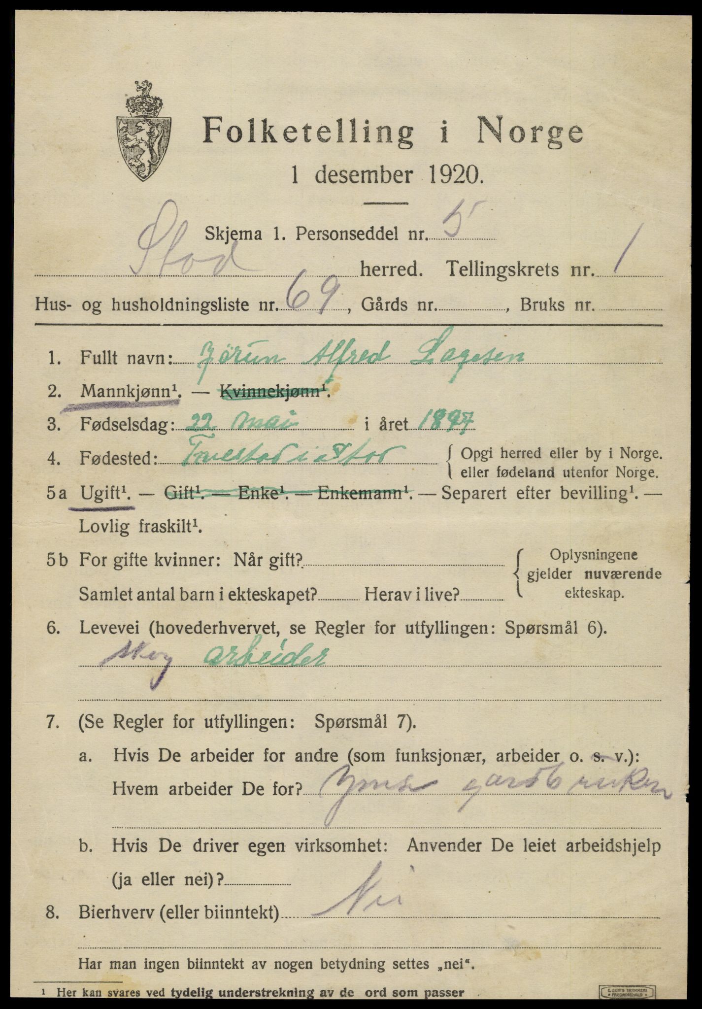 SAT, 1920 census for Stod, 1920, p. 1274