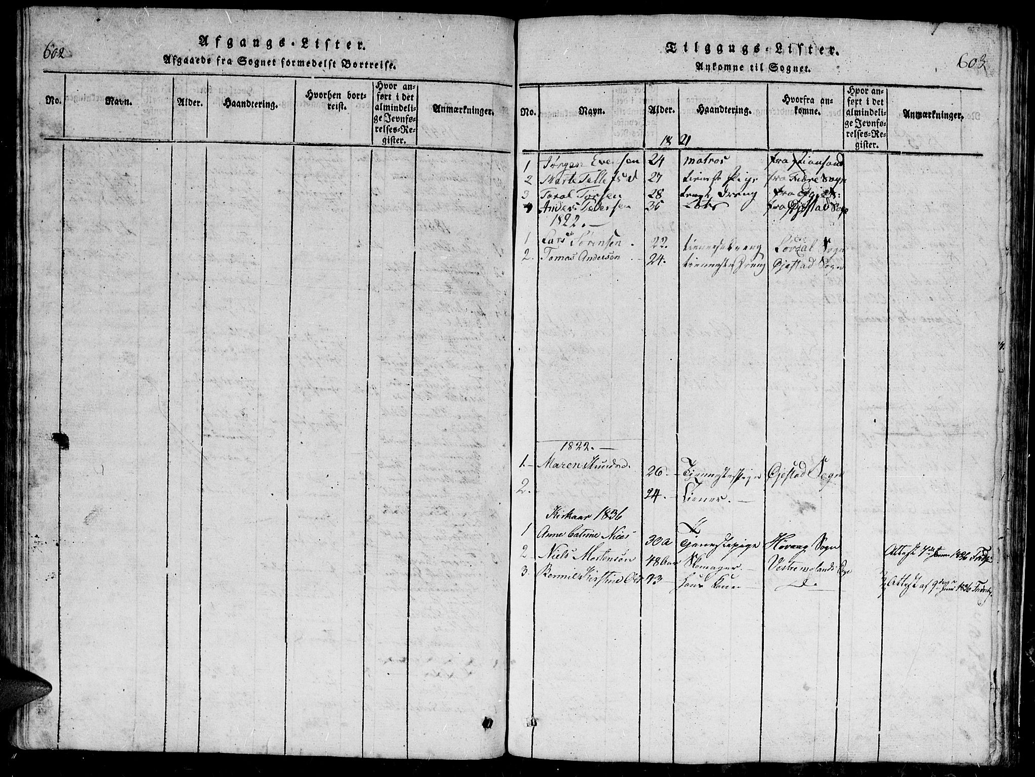 Hommedal sokneprestkontor, SAK/1111-0023/F/Fb/Fbb/L0003: Parish register (copy) no. B 3 /1, 1816-1850, p. 602-603