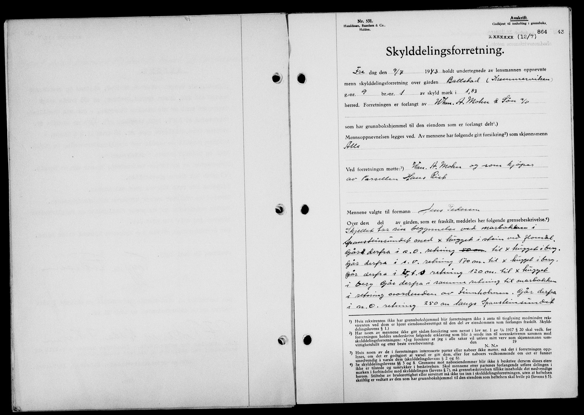 Lofoten sorenskriveri, SAT/A-0017/1/2/2C/L0011a: Mortgage book no. 11a, 1943-1943, Diary no: : 864/1943