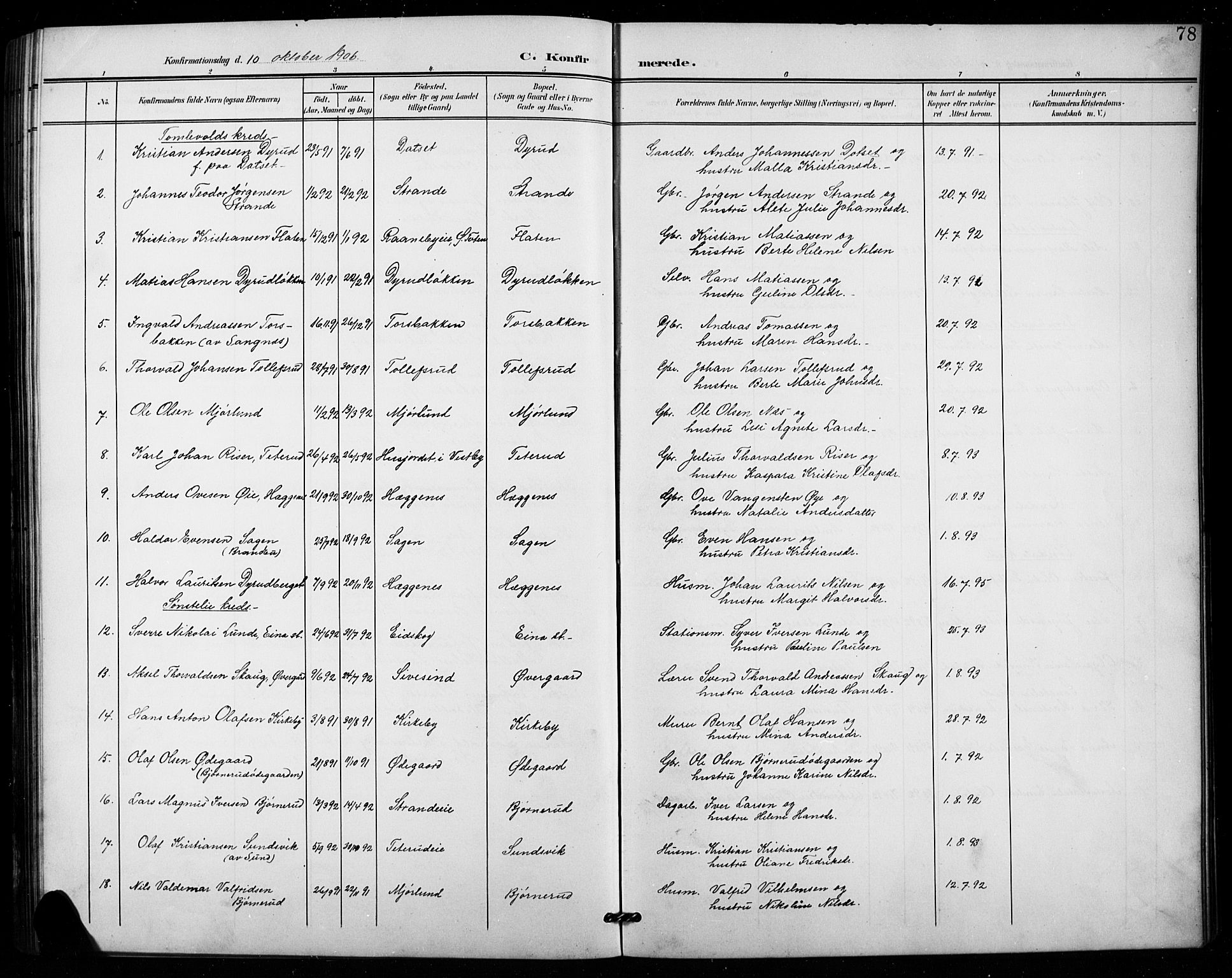 Vestre Toten prestekontor, SAH/PREST-108/H/Ha/Hab/L0016: Parish register (copy) no. 16, 1901-1915, p. 78