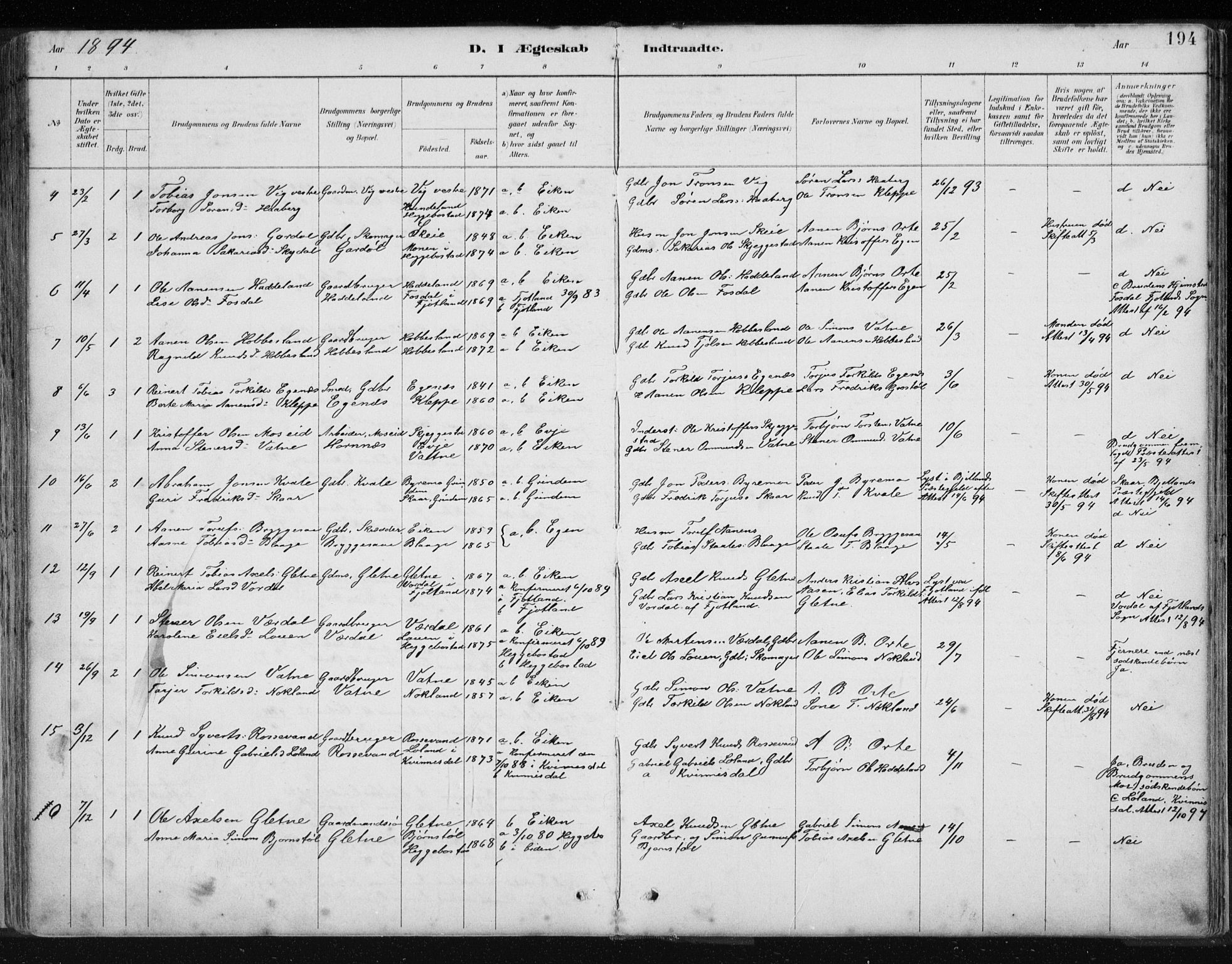 Hægebostad sokneprestkontor, SAK/1111-0024/F/Fb/Fbb/L0003: Parish register (copy) no. B 3, 1887-1937, p. 194