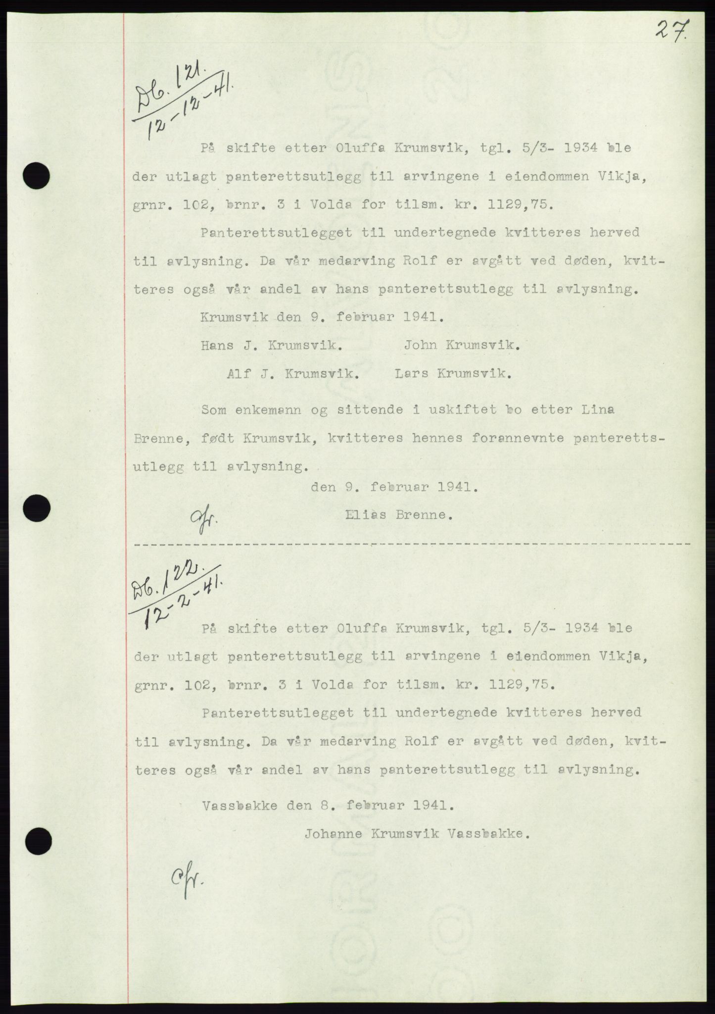 Søre Sunnmøre sorenskriveri, SAT/A-4122/1/2/2C/L0071: Mortgage book no. 65, 1941-1941, Diary no: : 121/1941