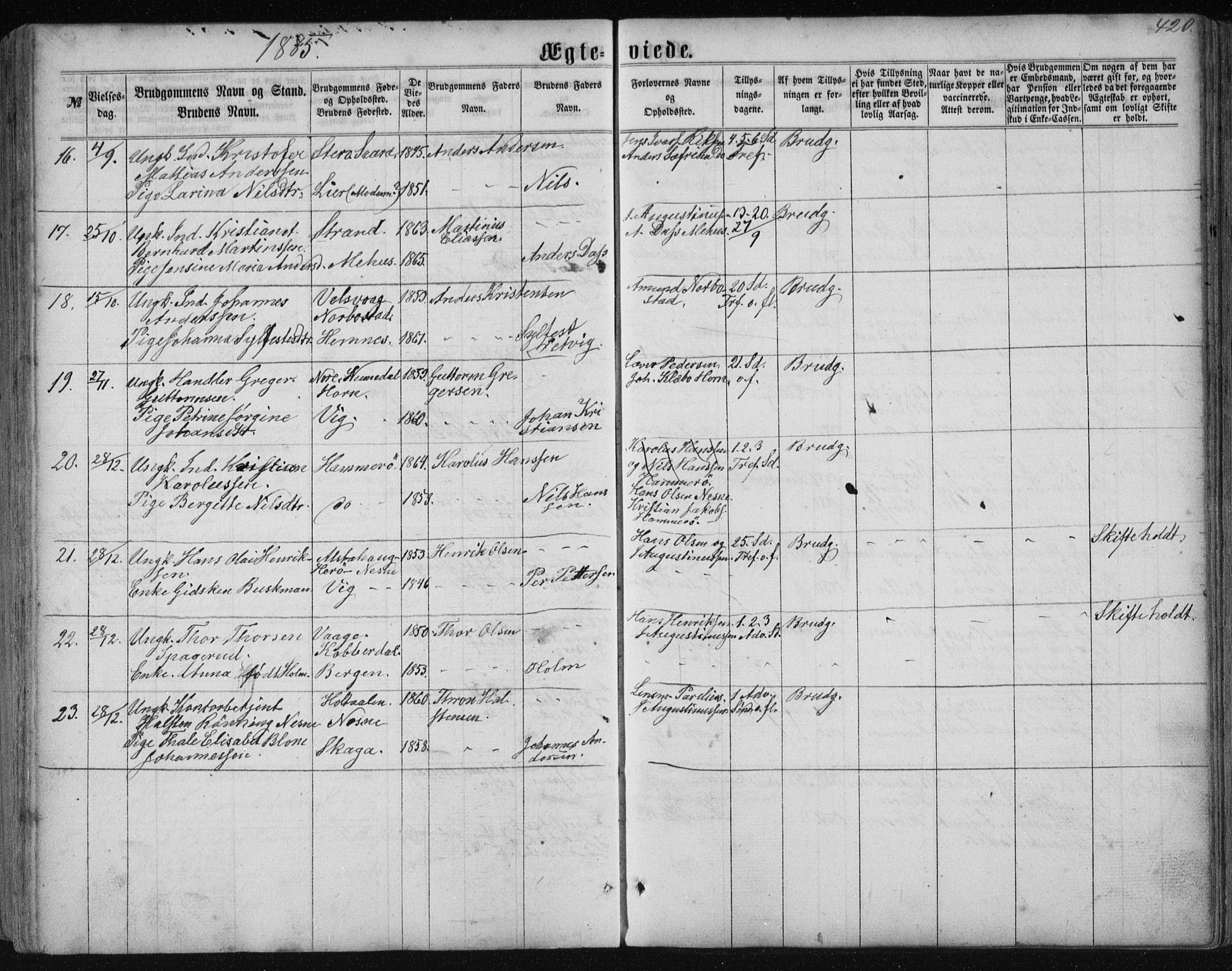 Ministerialprotokoller, klokkerbøker og fødselsregistre - Nordland, AV/SAT-A-1459/838/L0556: Parish register (copy) no. 838C03, 1861-1893, p. 420