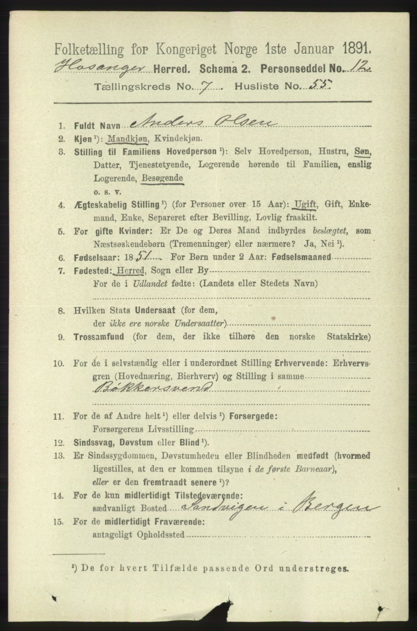 RA, 1891 census for 1253 Hosanger, 1891, p. 2898