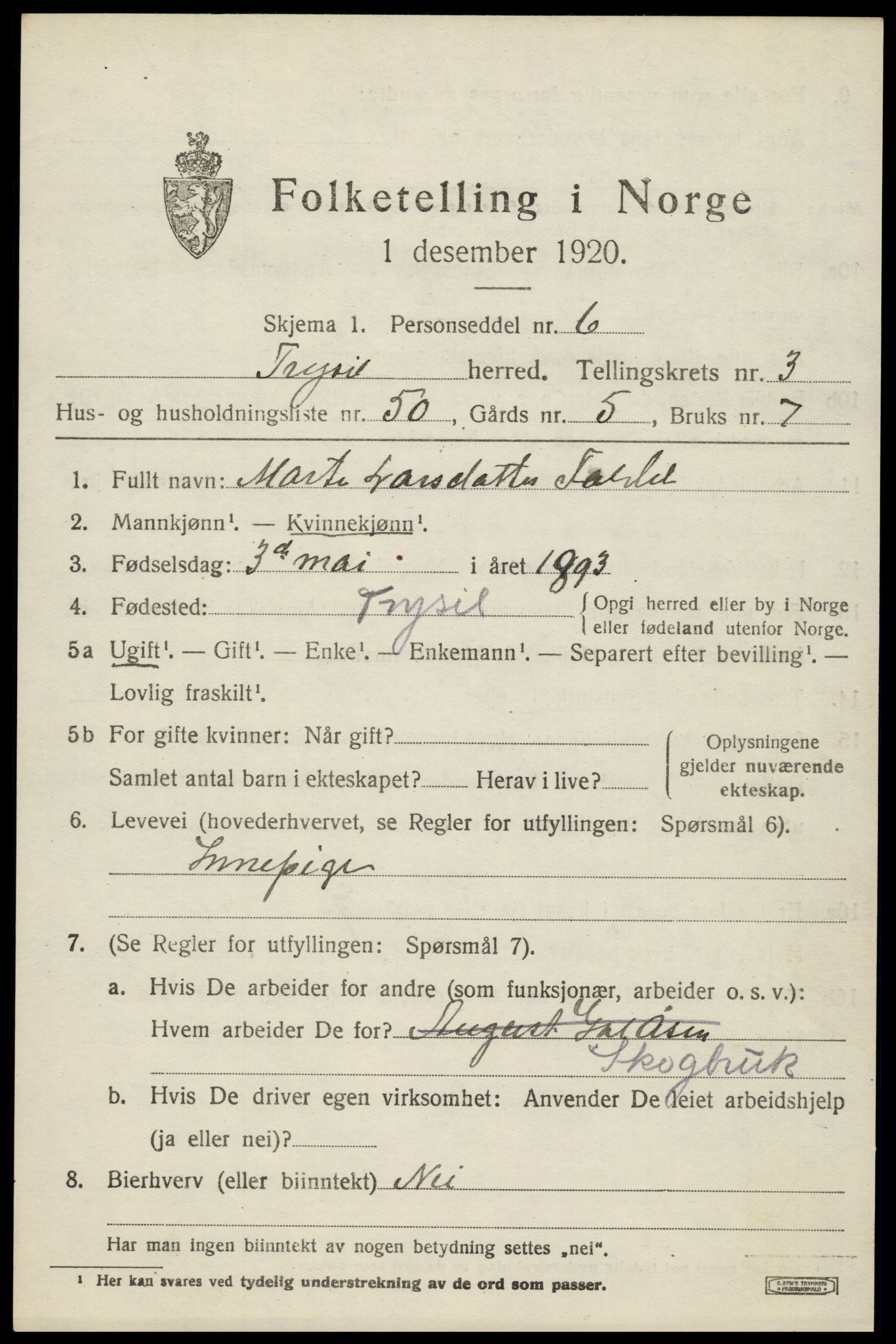 SAH, 1920 census for Trysil, 1920, p. 4075