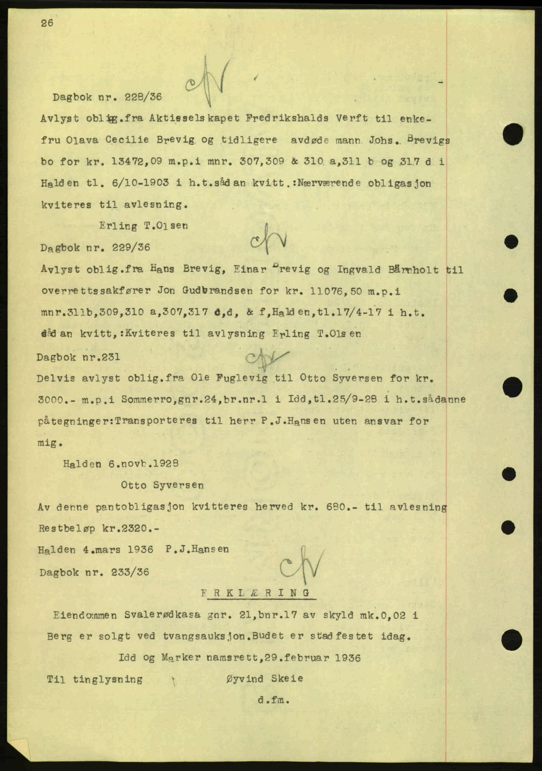 Idd og Marker sorenskriveri, AV/SAO-A-10283/G/Gb/Gbc/L0001: Mortgage book no. B1-3, 1936-1939, Diary no: : 228/1936