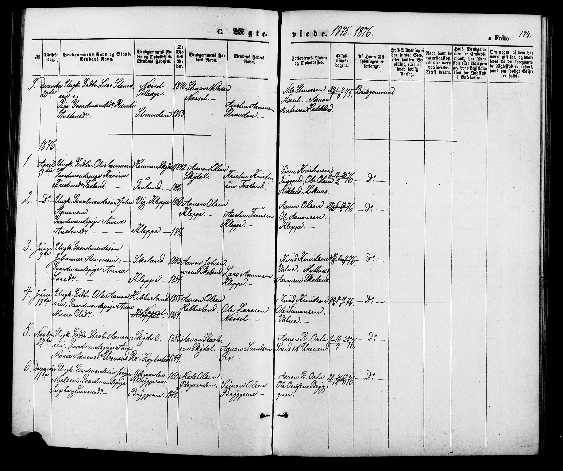 Hægebostad sokneprestkontor, SAK/1111-0024/F/Fa/Fab/L0003: Parish register (official) no. A 3, 1872-1886, p. 174