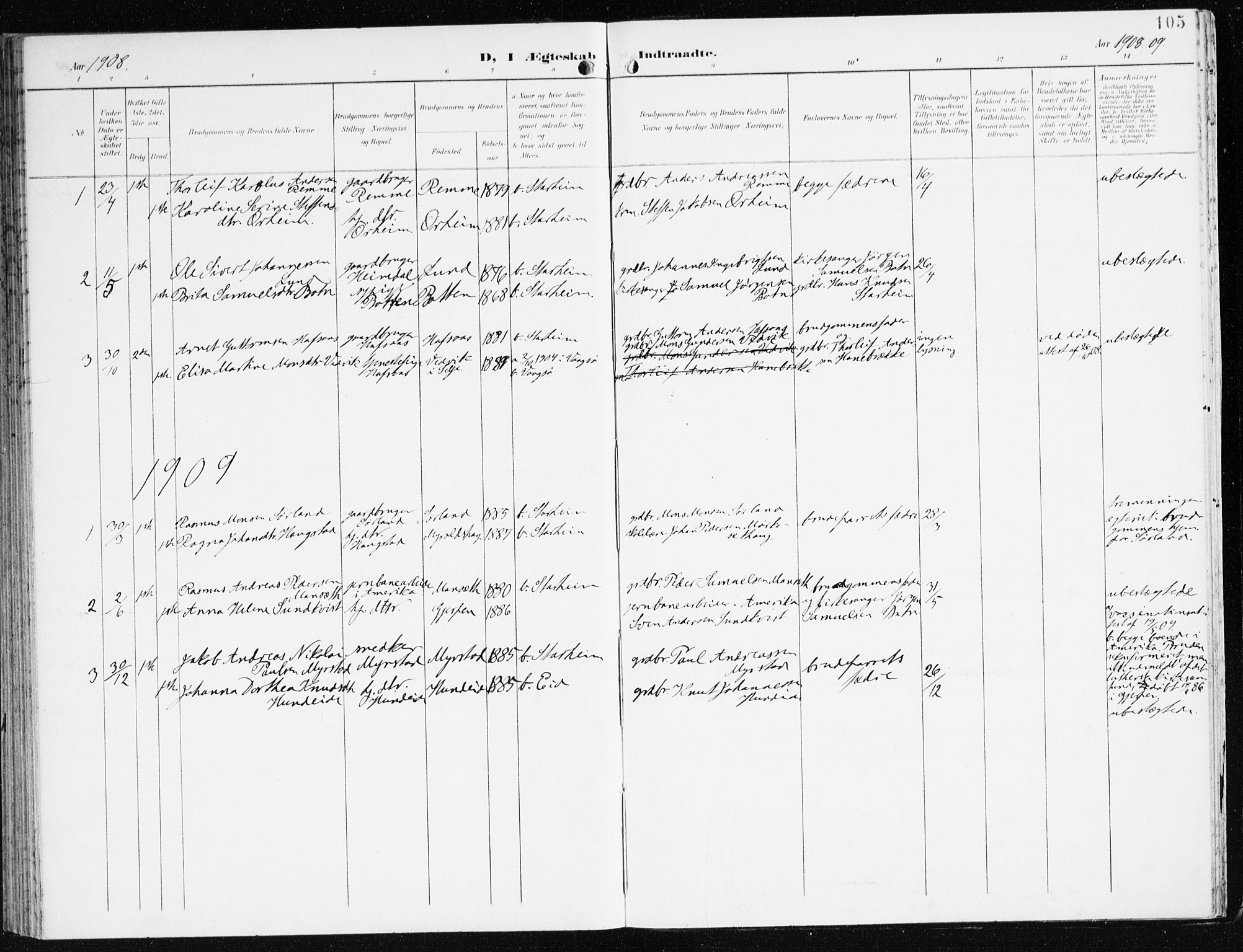 Eid sokneprestembete, AV/SAB-A-82301/H/Haa/Haac/L0002: Parish register (official) no. C 2, 1899-1927, p. 105