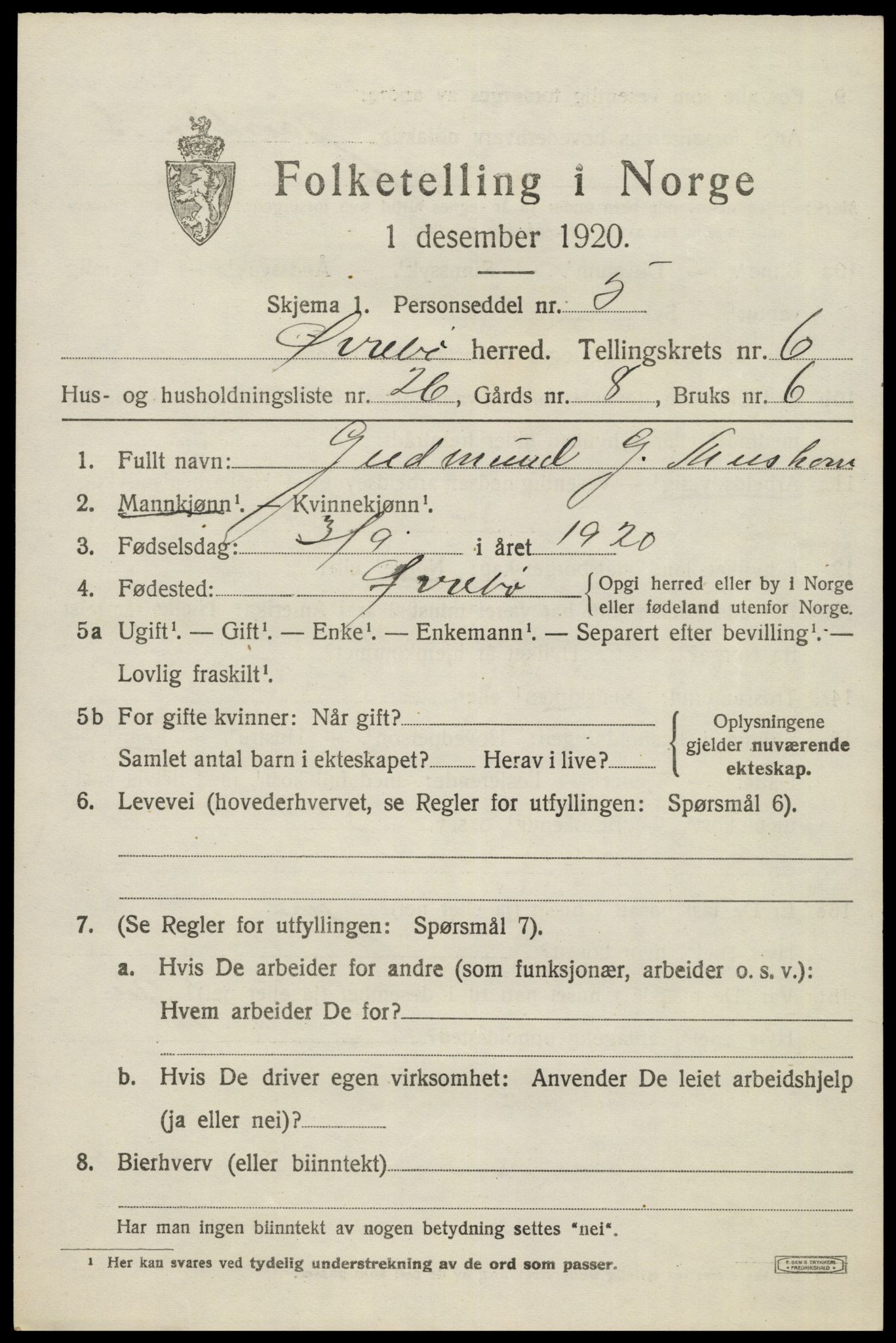 SAK, 1920 census for Øvrebø, 1920, p. 1456