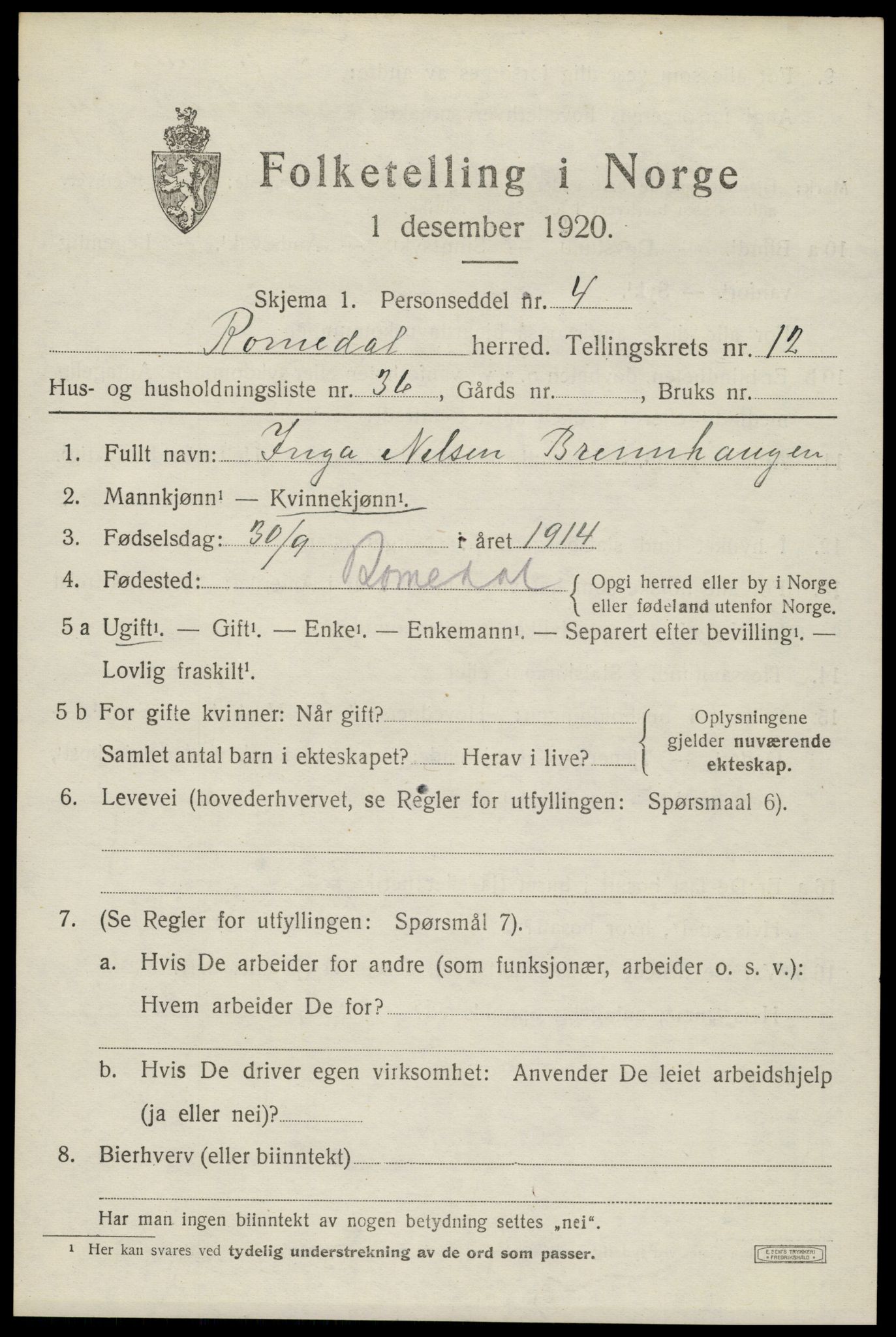 SAH, 1920 census for Romedal, 1920, p. 12943