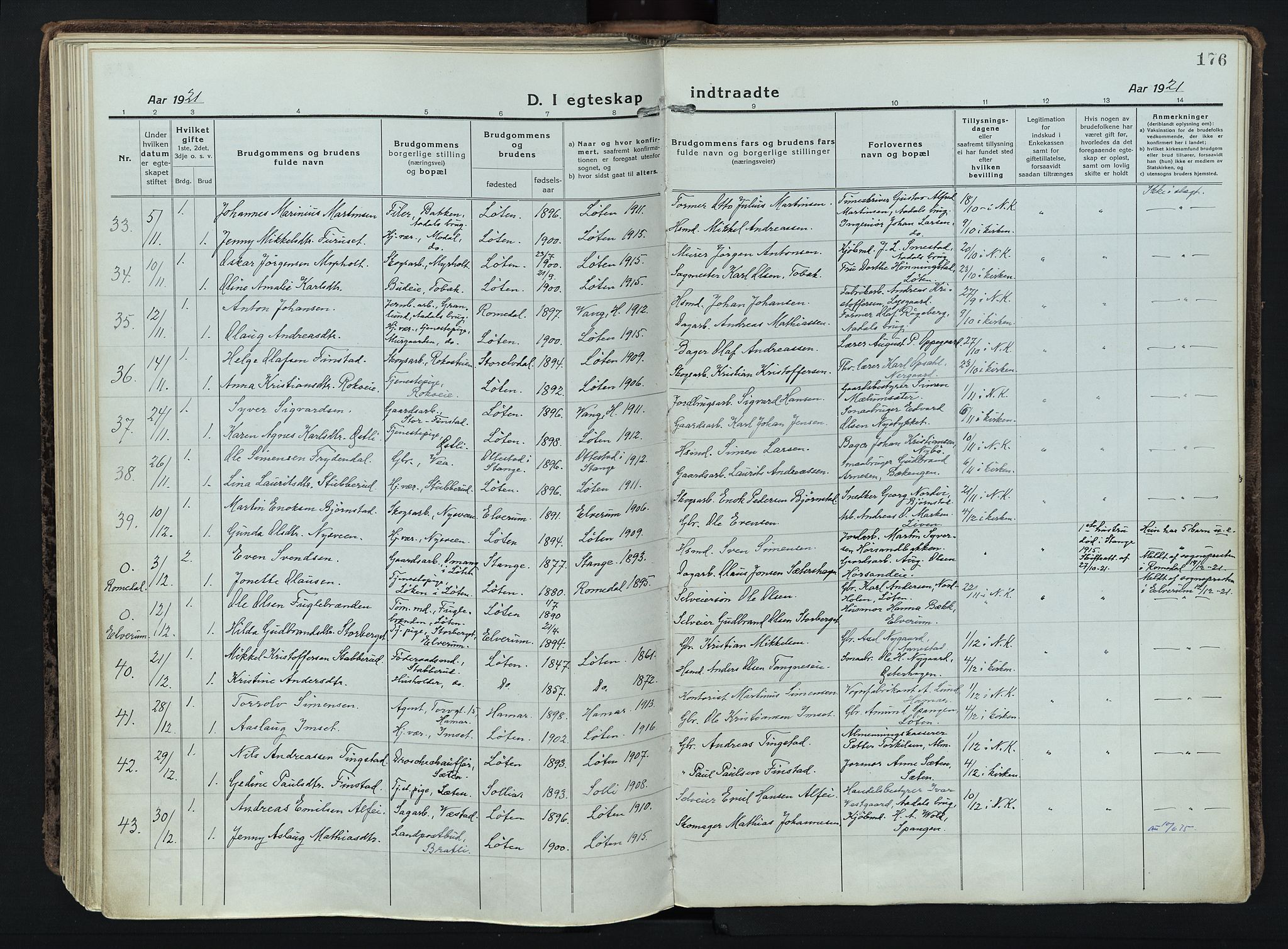 Løten prestekontor, AV/SAH-PREST-022/K/Ka/L0012: Parish register (official) no. 12, 1918-1926, p. 176