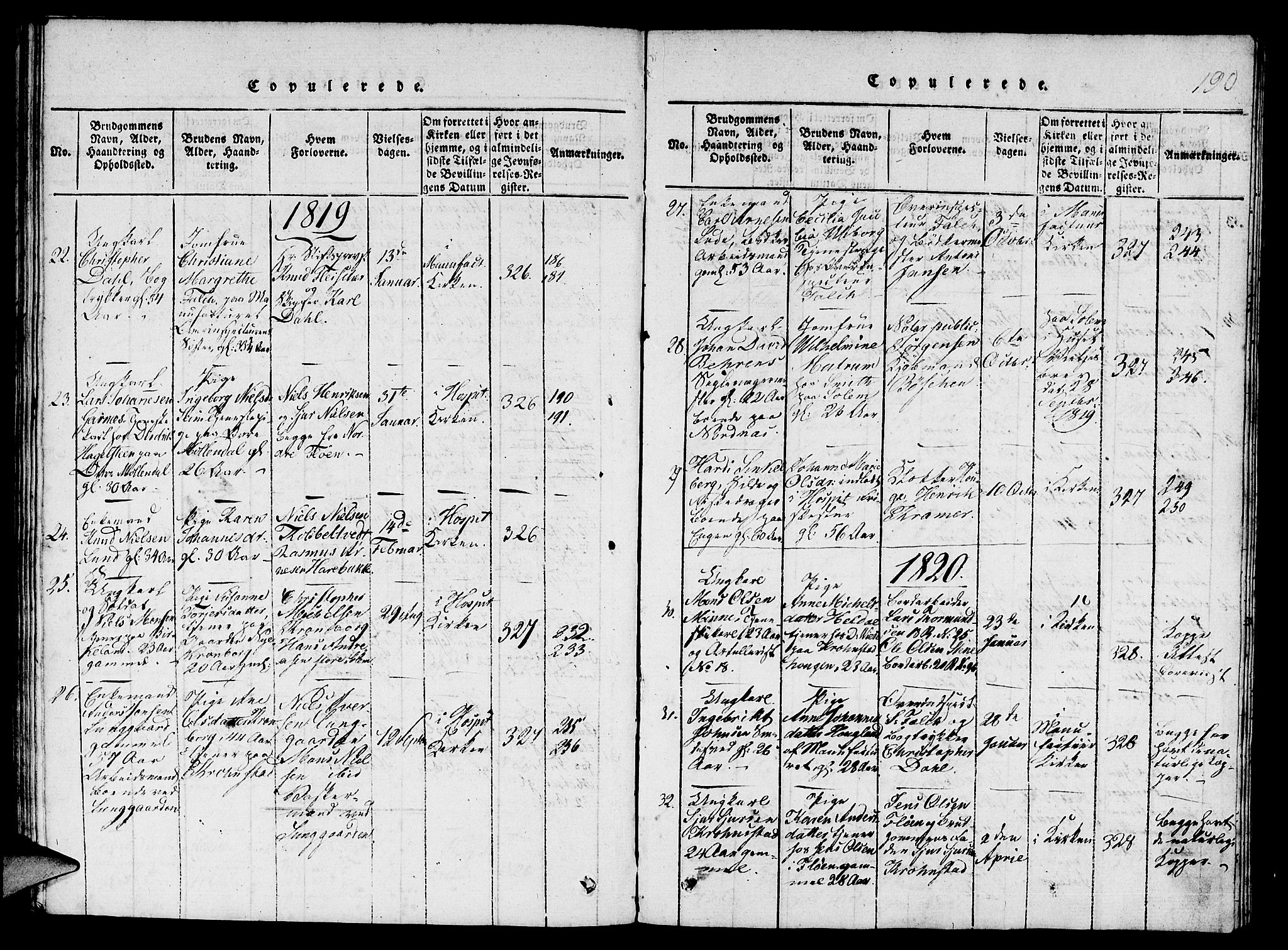 St. Jørgens hospital og Årstad sokneprestembete, AV/SAB-A-99934: Parish register (copy) no. A 1, 1816-1843, p. 190