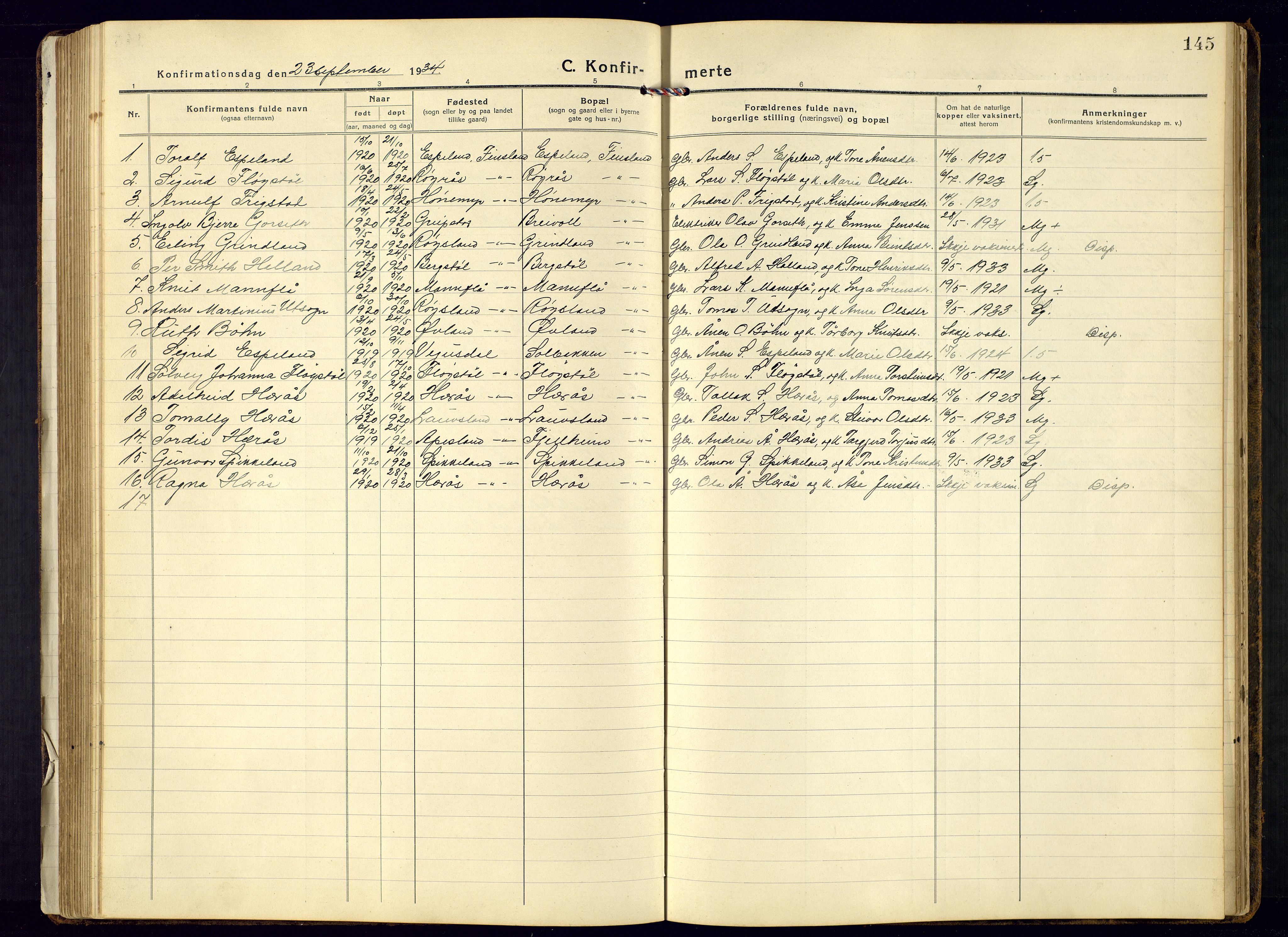 Bjelland sokneprestkontor, SAK/1111-0005/F/Fb/Fbb/L0006: Parish register (copy) no. B-6, 1918-1946, p. 145