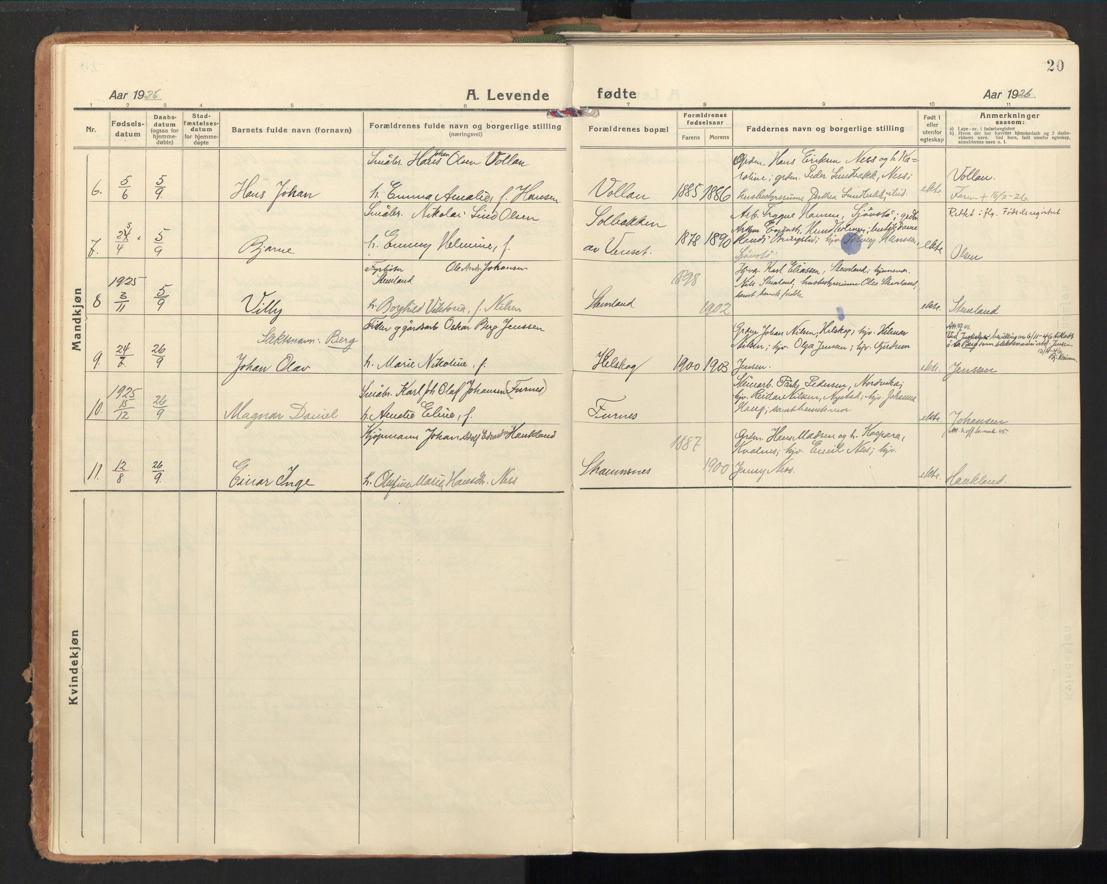 Ministerialprotokoller, klokkerbøker og fødselsregistre - Nordland, AV/SAT-A-1459/851/L0725: Parish register (official) no. 851A02, 1922-1944, p. 20