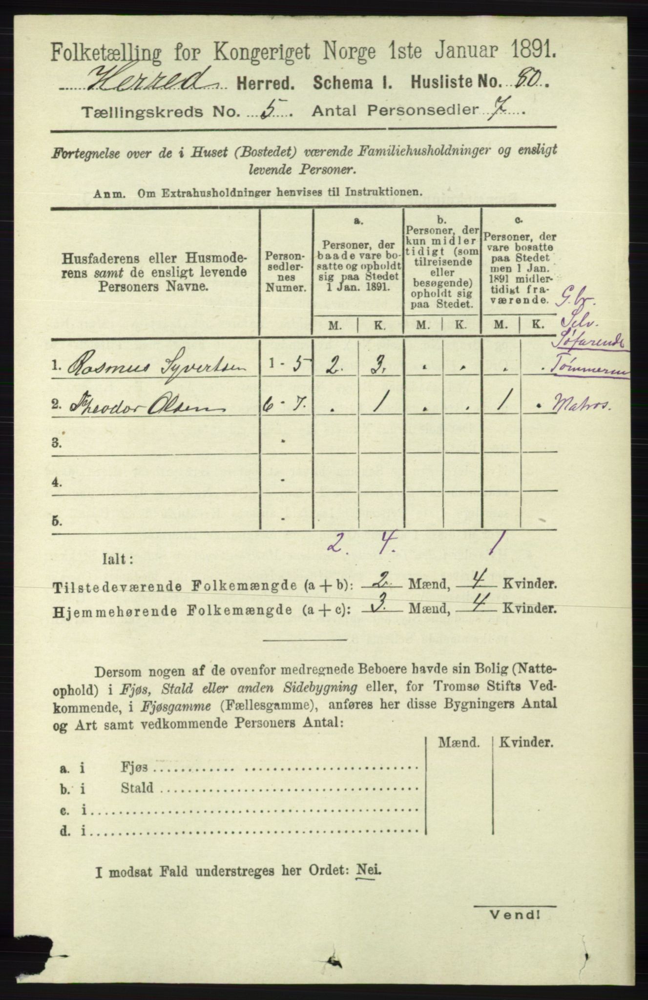 RA, 1891 census for 1039 Herad, 1891, p. 1806