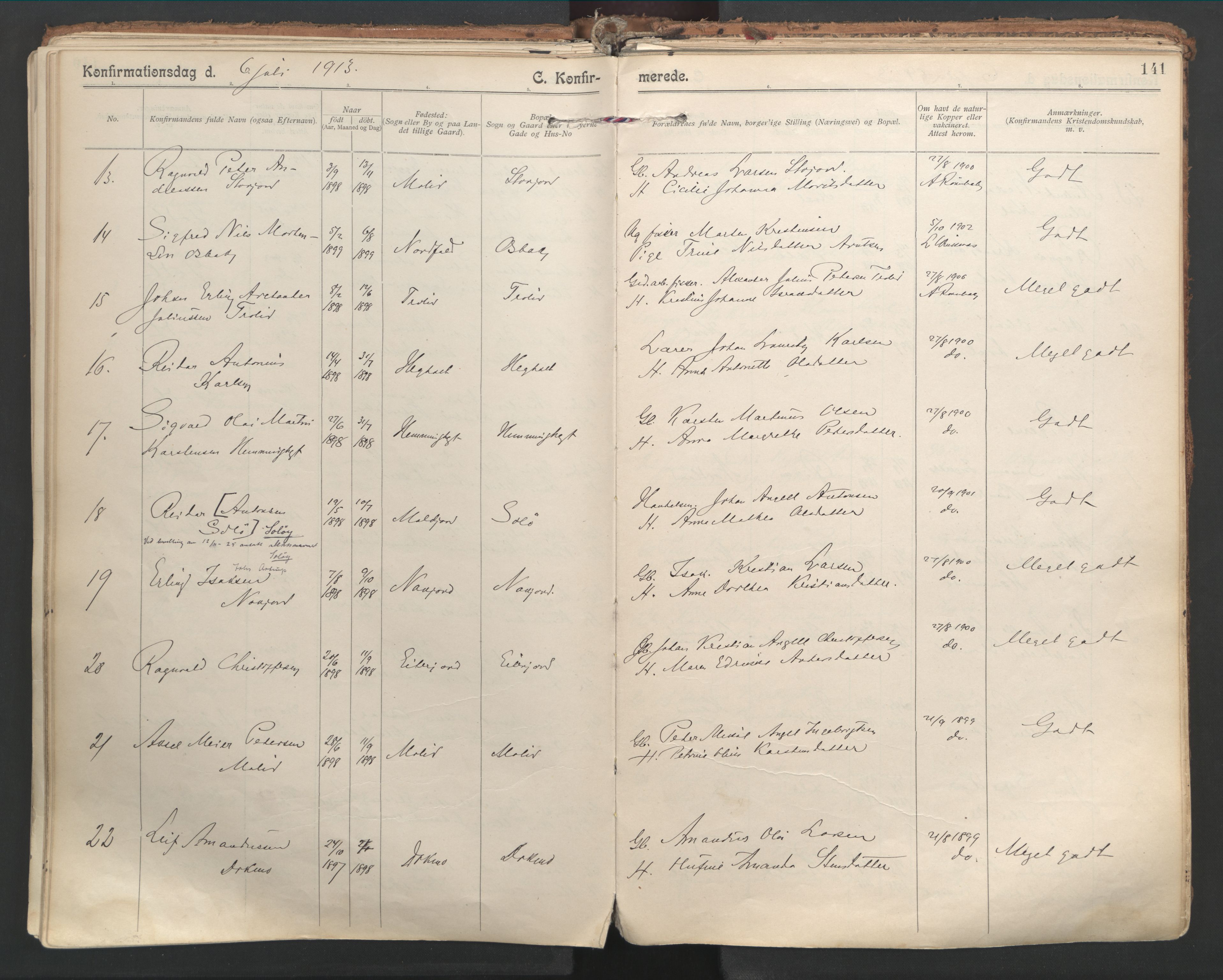 Ministerialprotokoller, klokkerbøker og fødselsregistre - Nordland, SAT/A-1459/846/L0647: Parish register (official) no. 846A05, 1902-1915, p. 141