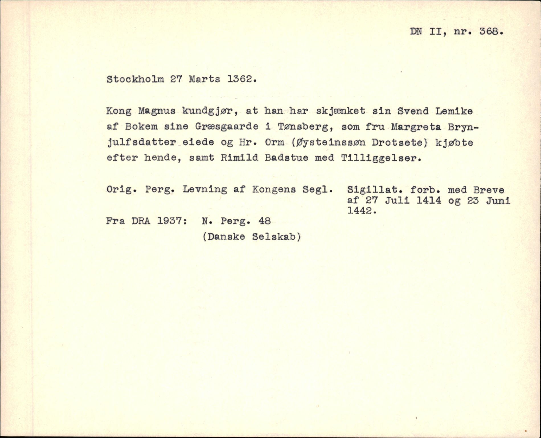 Riksarkivets diplomsamling, AV/RA-EA-5965/F35/F35f/L0003: Regestsedler: Diplomer fra DRA 1937 og 1996, p. 113