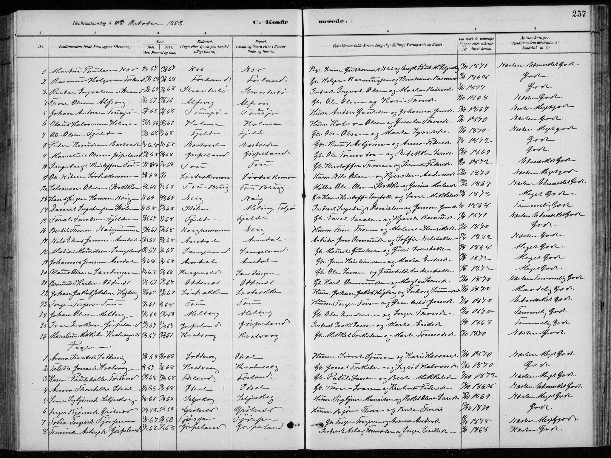 Strand sokneprestkontor, SAST/A-101828/H/Ha/Hab/L0004: Parish register (copy) no. B 4, 1878-1903, p. 257