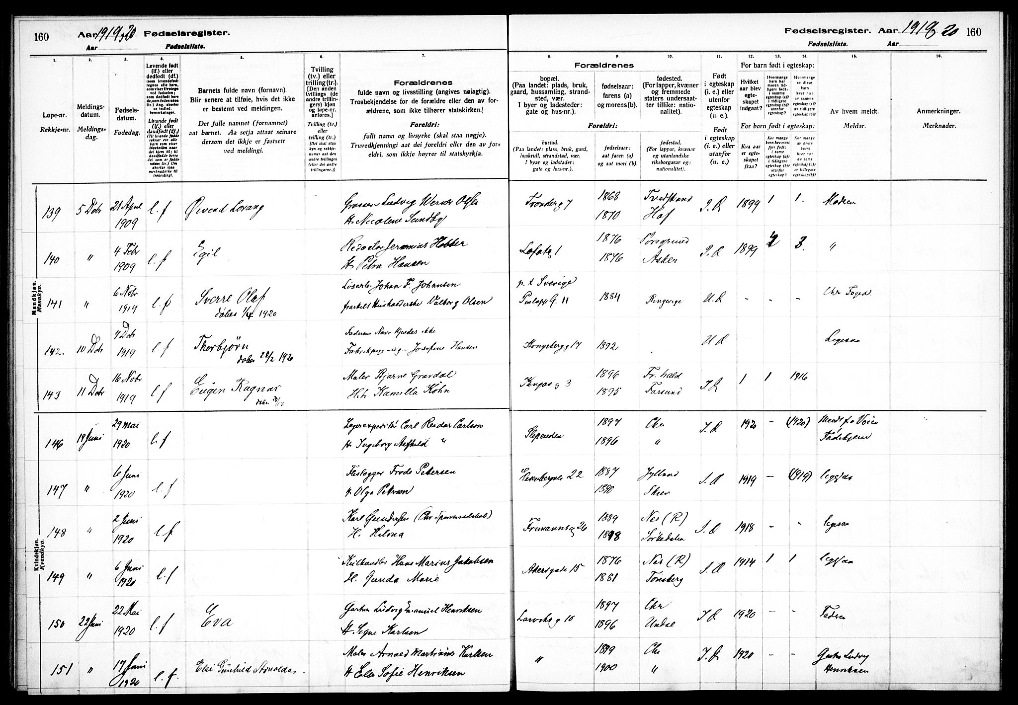 Sagene prestekontor Kirkebøker, AV/SAO-A-10796/J/L0001: Birth register no. 1, 1916-1920, p. 160