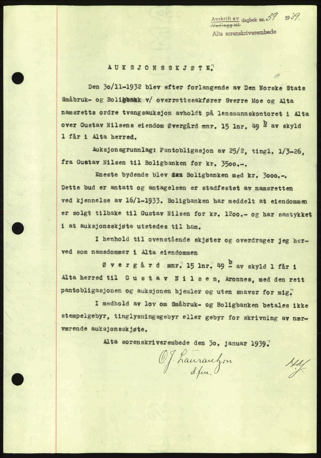Alta fogderi/sorenskriveri, SATØ/SATØ-5/1/K/Kd/L0031pantebok: Mortgage book no. 31, 1938-1939, Diary no: : 59/1939