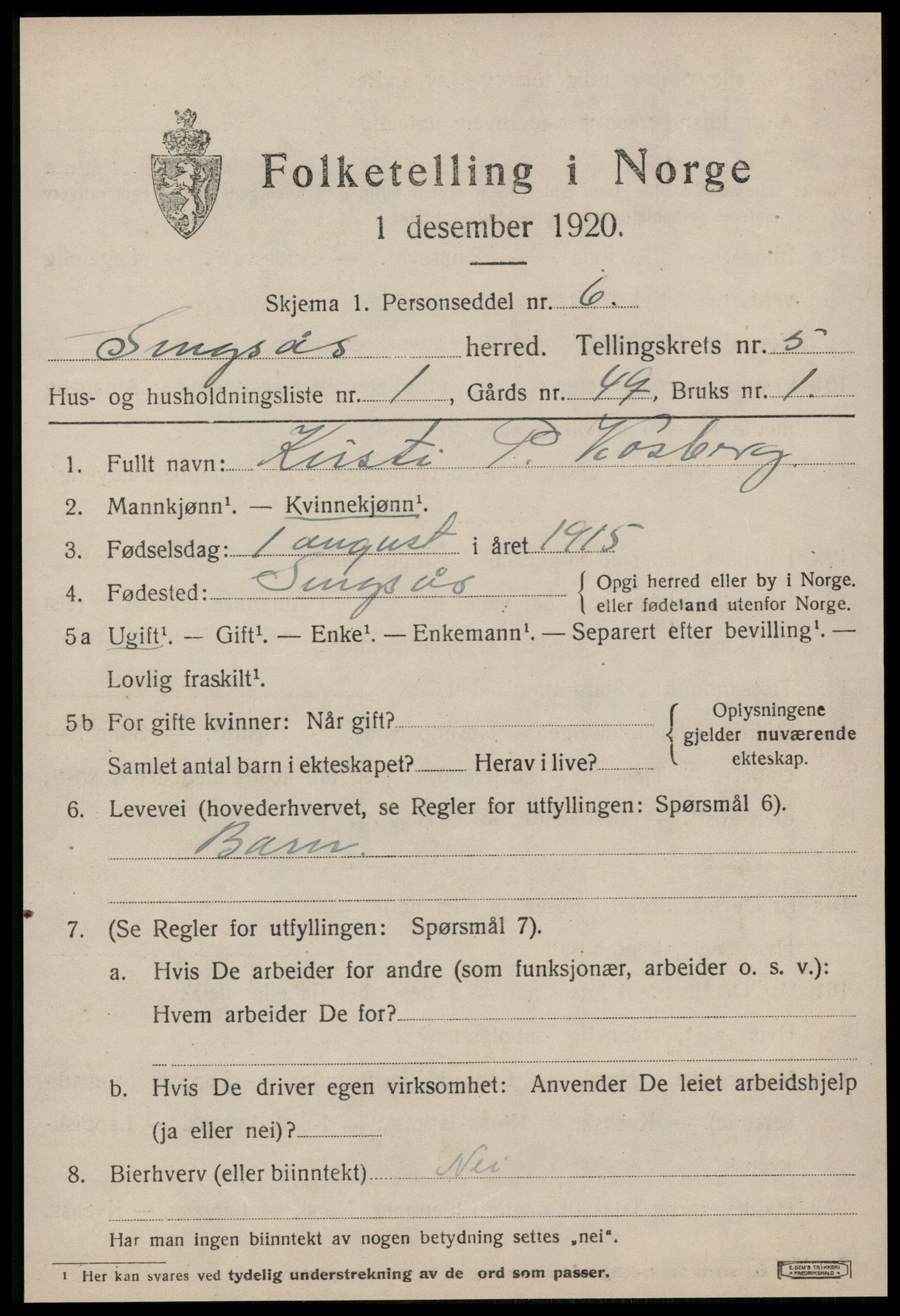 SAT, 1920 census for Singsås, 1920, p. 3027