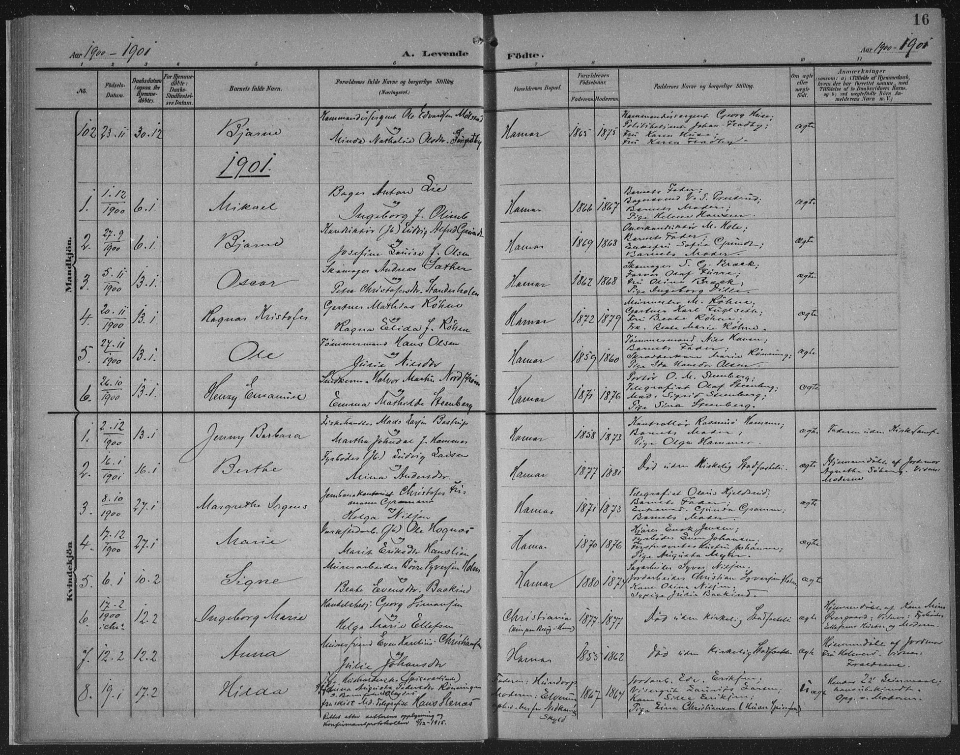 Hamar prestekontor, AV/SAH-DOMPH-002/H/Ha/Haa/L0001: Parish register (official) no. 1, 1900-1914, p. 16