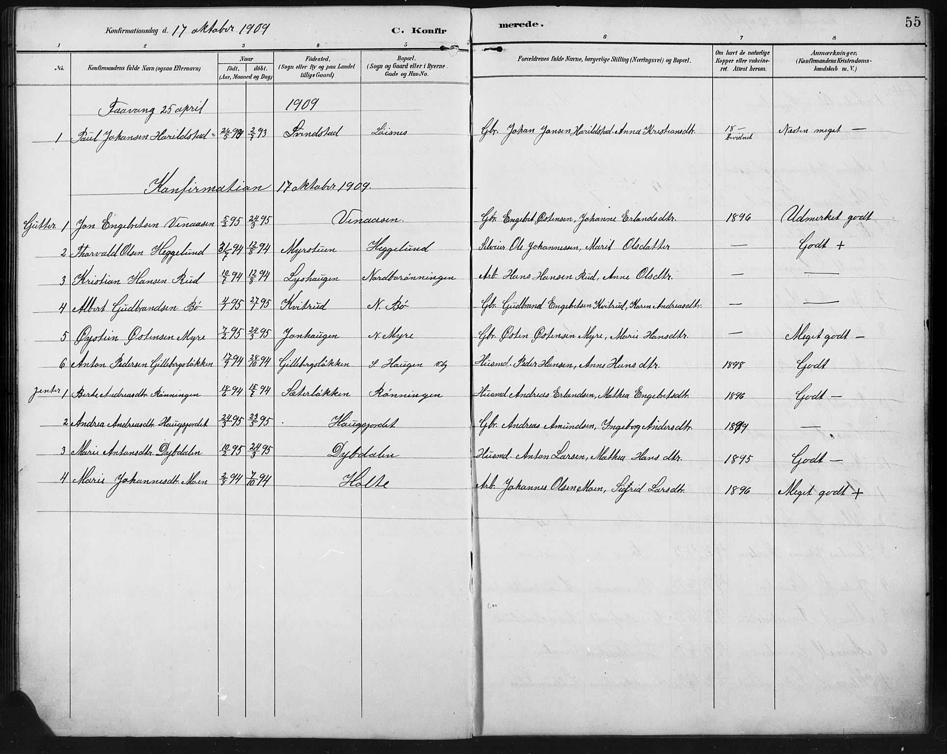 Ringebu prestekontor, SAH/PREST-082/H/Ha/Hab/L0008: Parish register (copy) no. 8, 1890-1922, p. 55