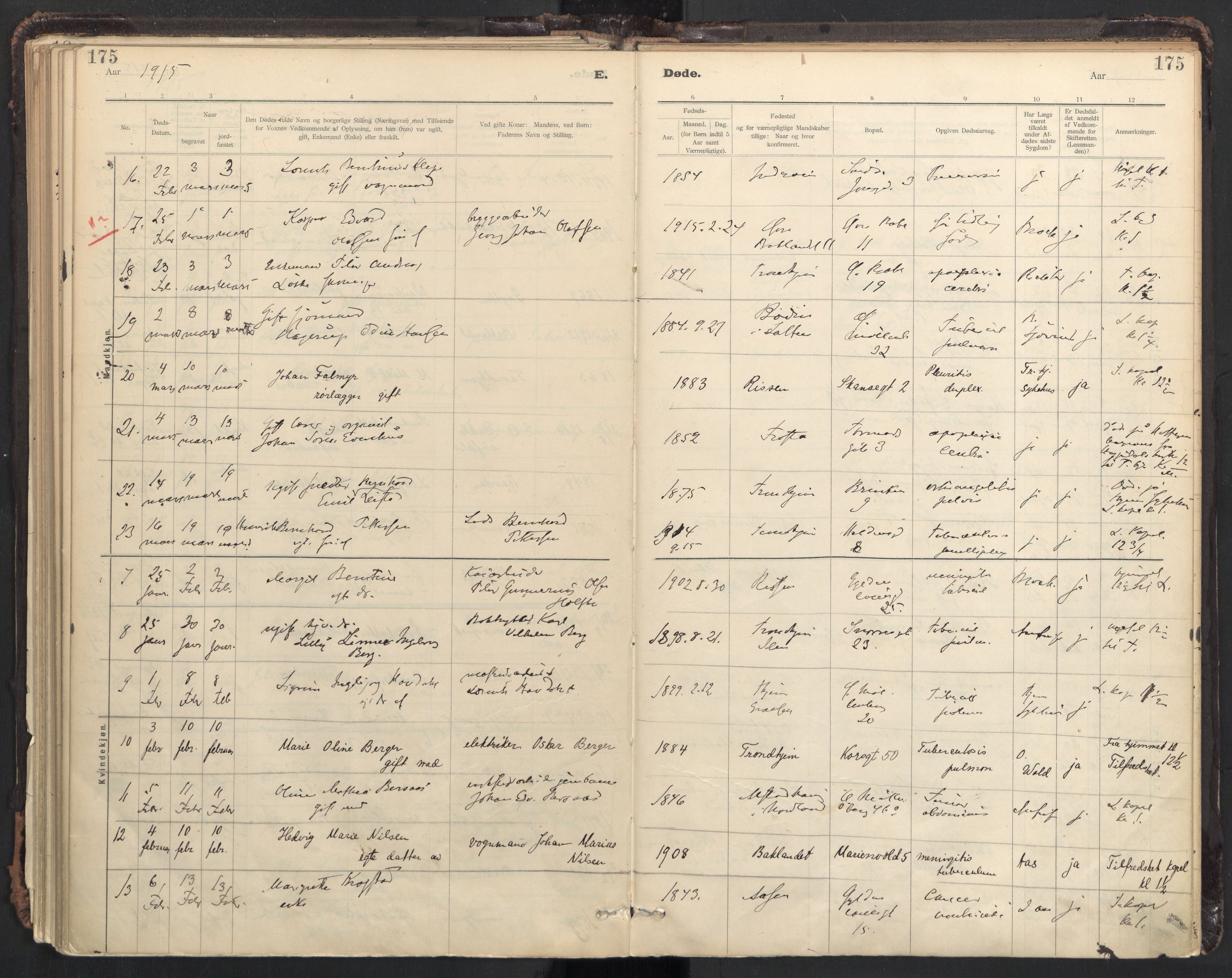 Ministerialprotokoller, klokkerbøker og fødselsregistre - Sør-Trøndelag, SAT/A-1456/604/L0204: Parish register (official) no. 604A24, 1911-1920, p. 175