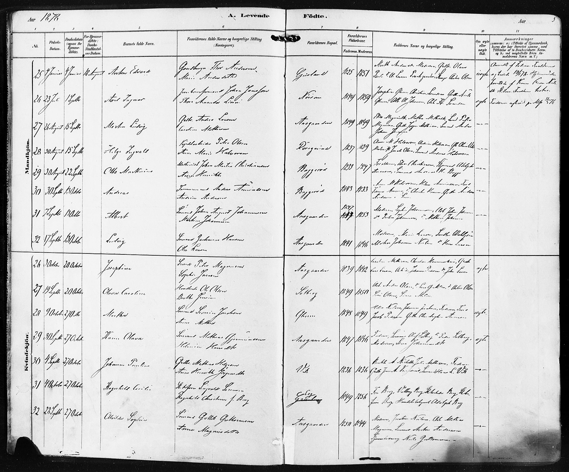 Borre kirkebøker, SAKO/A-338/F/Fa/L0009: Parish register (official) no. I 9, 1878-1896, p. 5