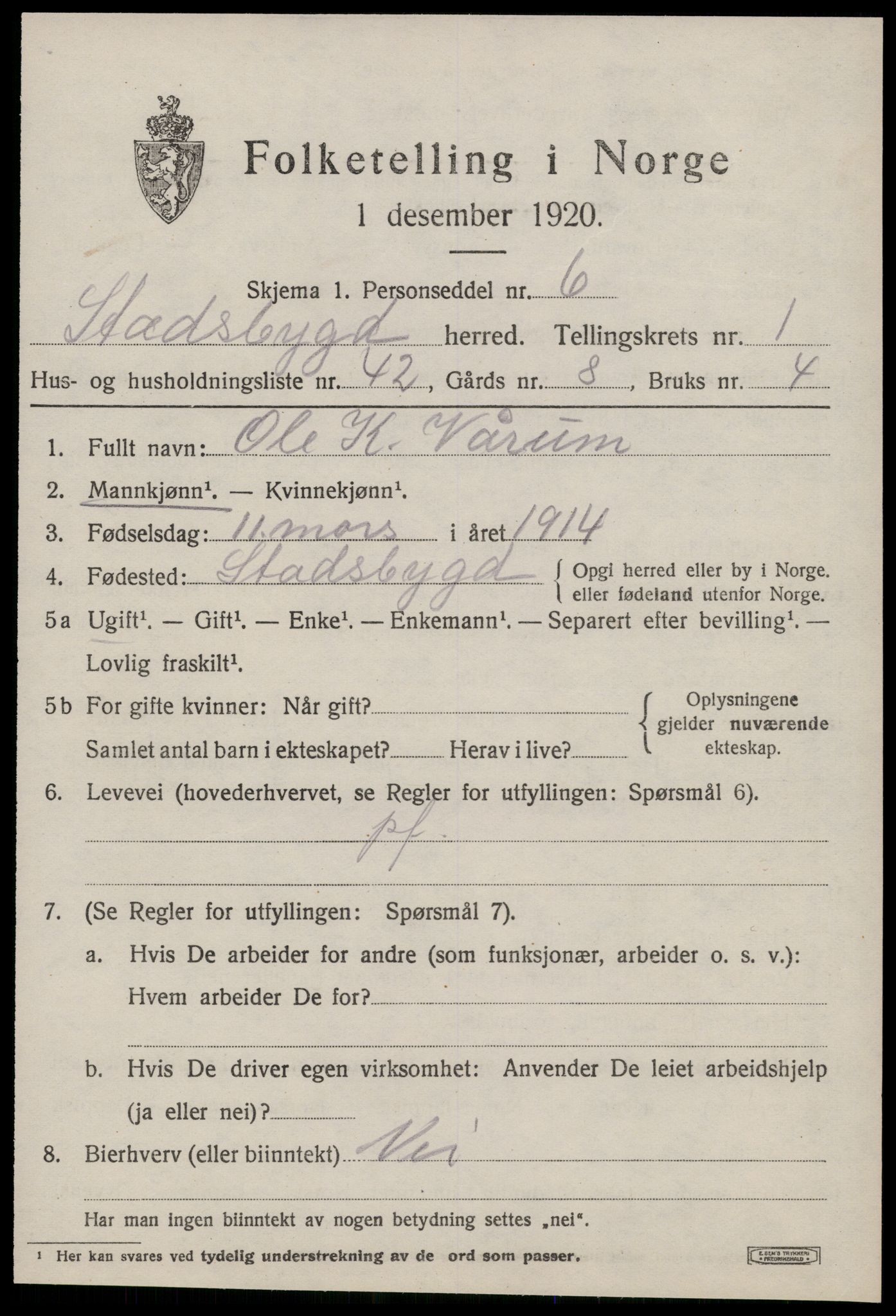 SAT, 1920 census for Stadsbygd, 1920, p. 1236