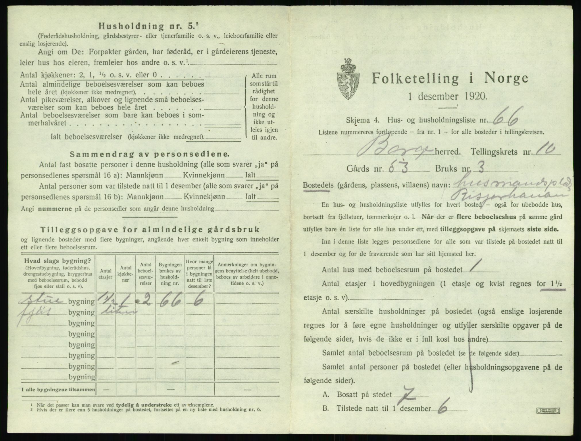 SAT, 1920 census for Borge, 1920, p. 1281