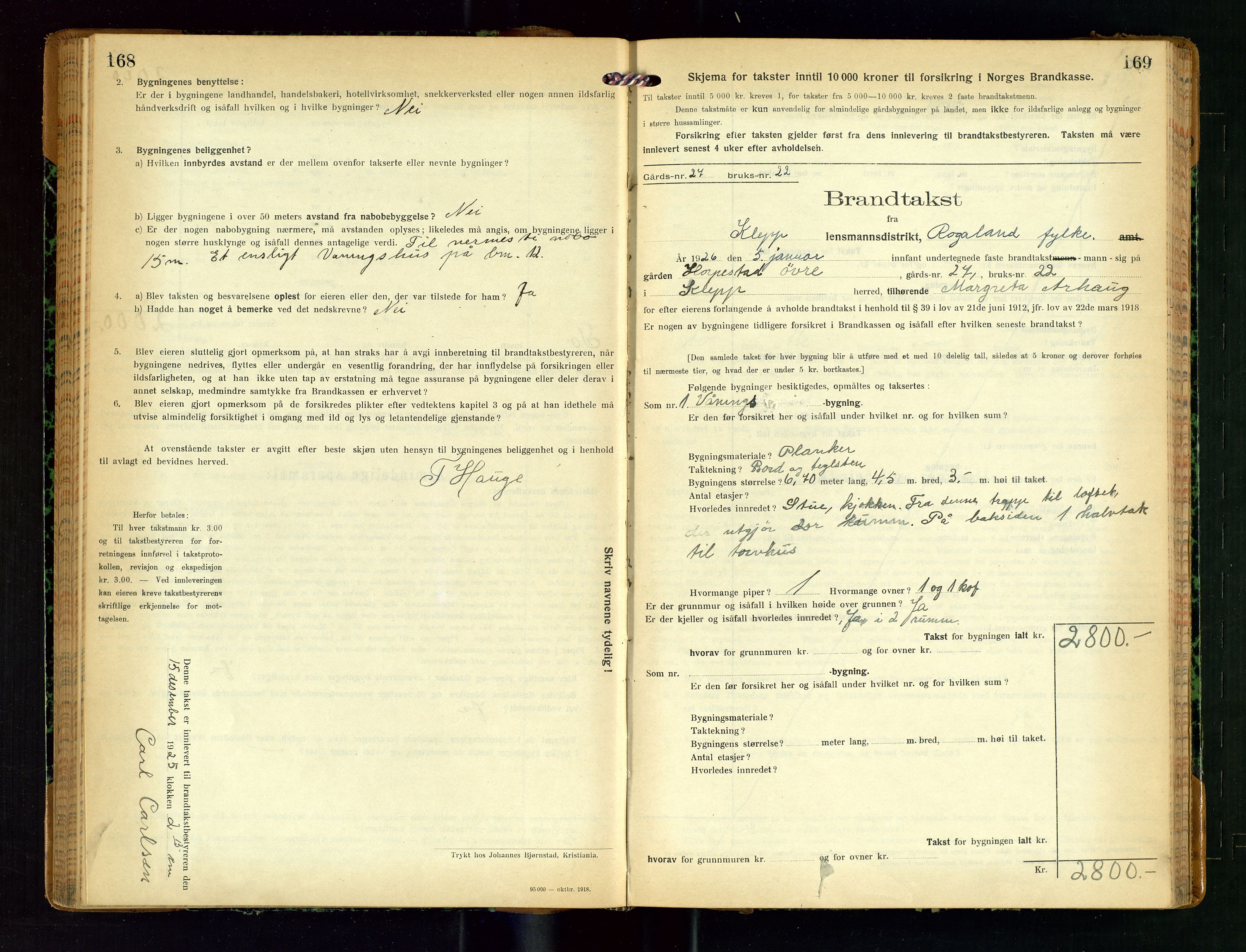 Klepp lensmannskontor, SAST/A-100163/Goc/L0011: "Brandtakstprotokoll" m/register, 1924-1929, p. 168-169