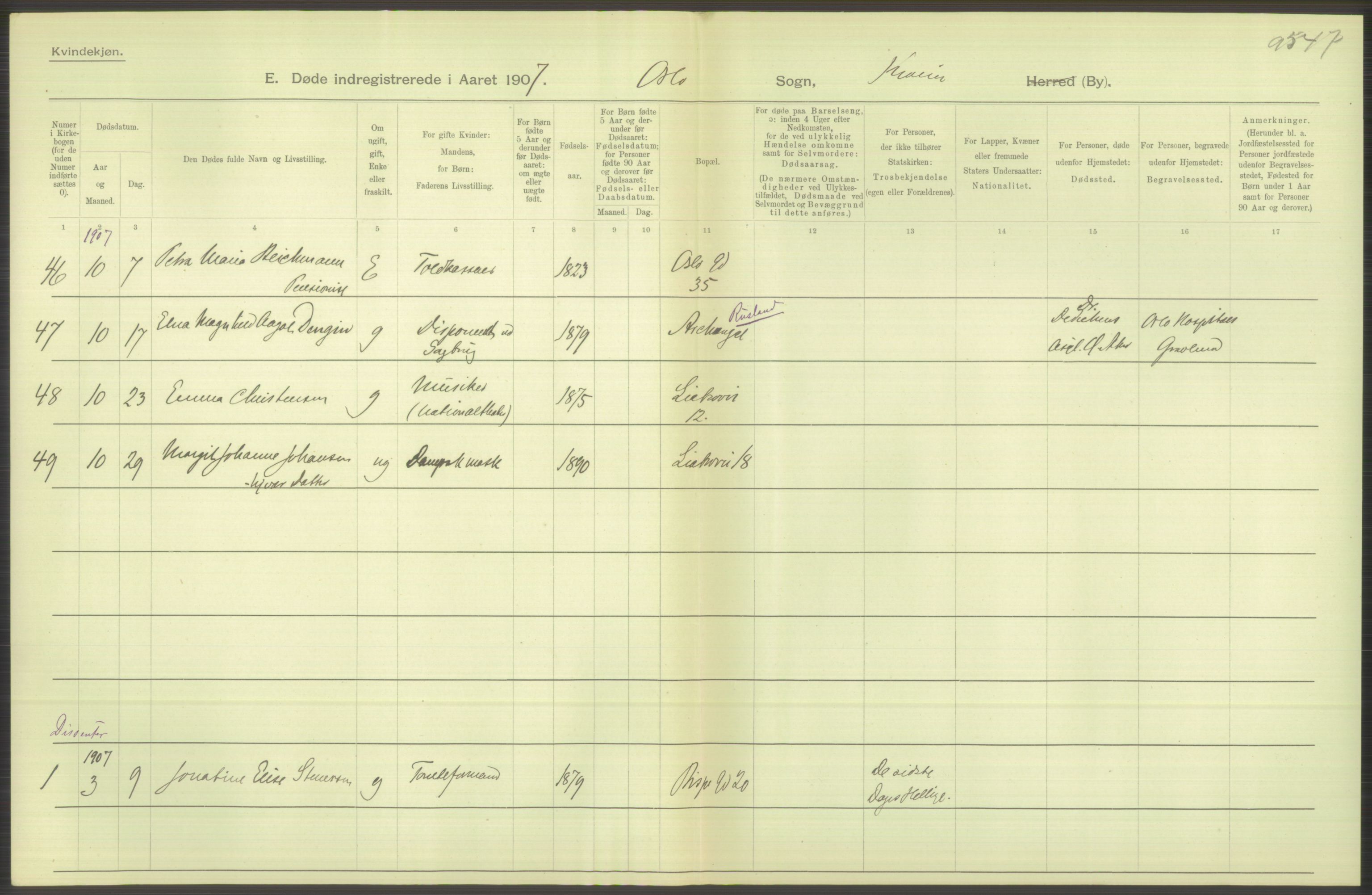 Statistisk sentralbyrå, Sosiodemografiske emner, Befolkning, AV/RA-S-2228/D/Df/Dfa/Dfae/L0009: Kristiania: Døde, 1907, p. 530