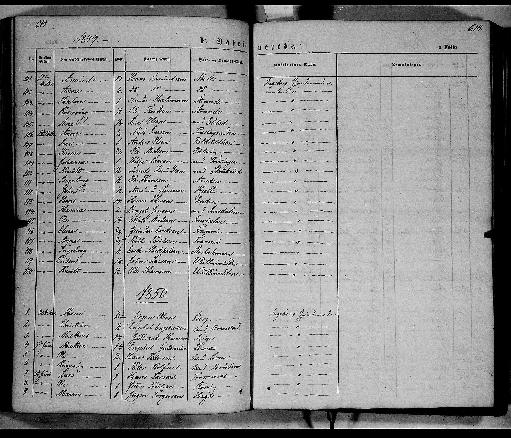 Ringebu prestekontor, SAH/PREST-082/H/Ha/Haa/L0006: Parish register (official) no. 6, 1848-1859, p. 613-614