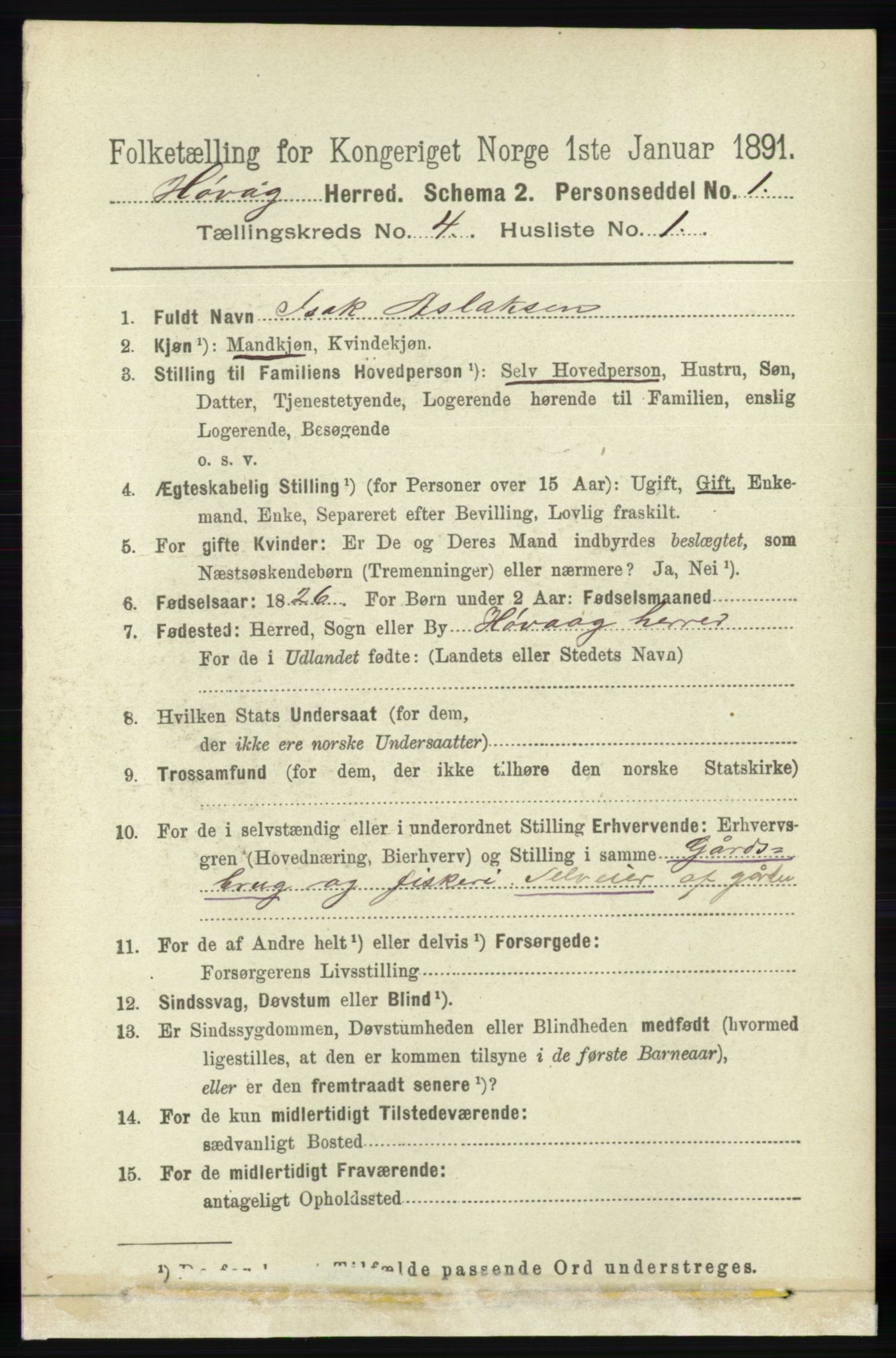 RA, 1891 census for 0927 Høvåg, 1891, p. 1509