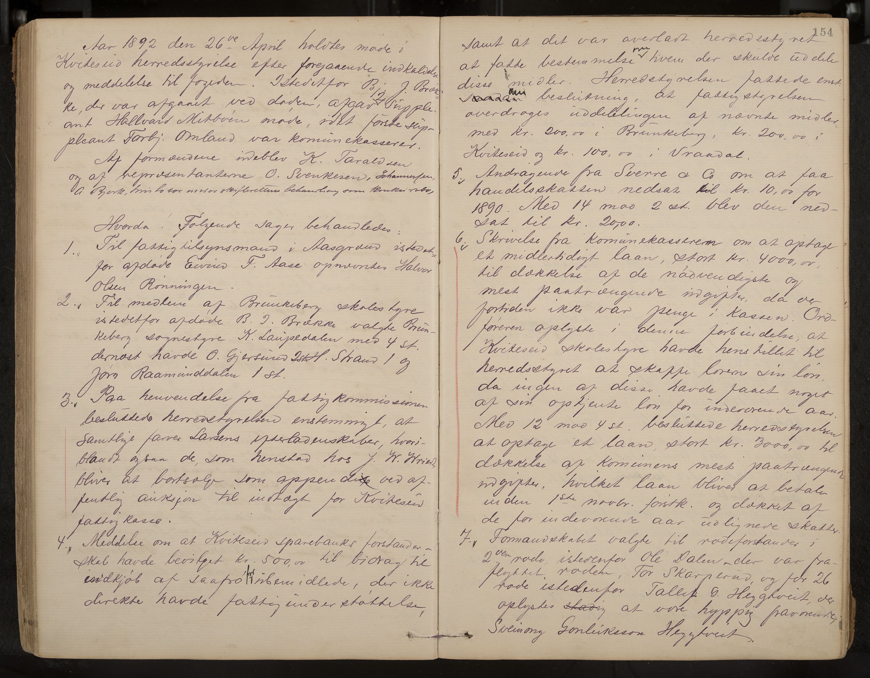 Kviteseid formannskap og sentraladministrasjon, IKAK/0829021/A/Aa/L0003: Møtebok, 1885-1896, p. 154