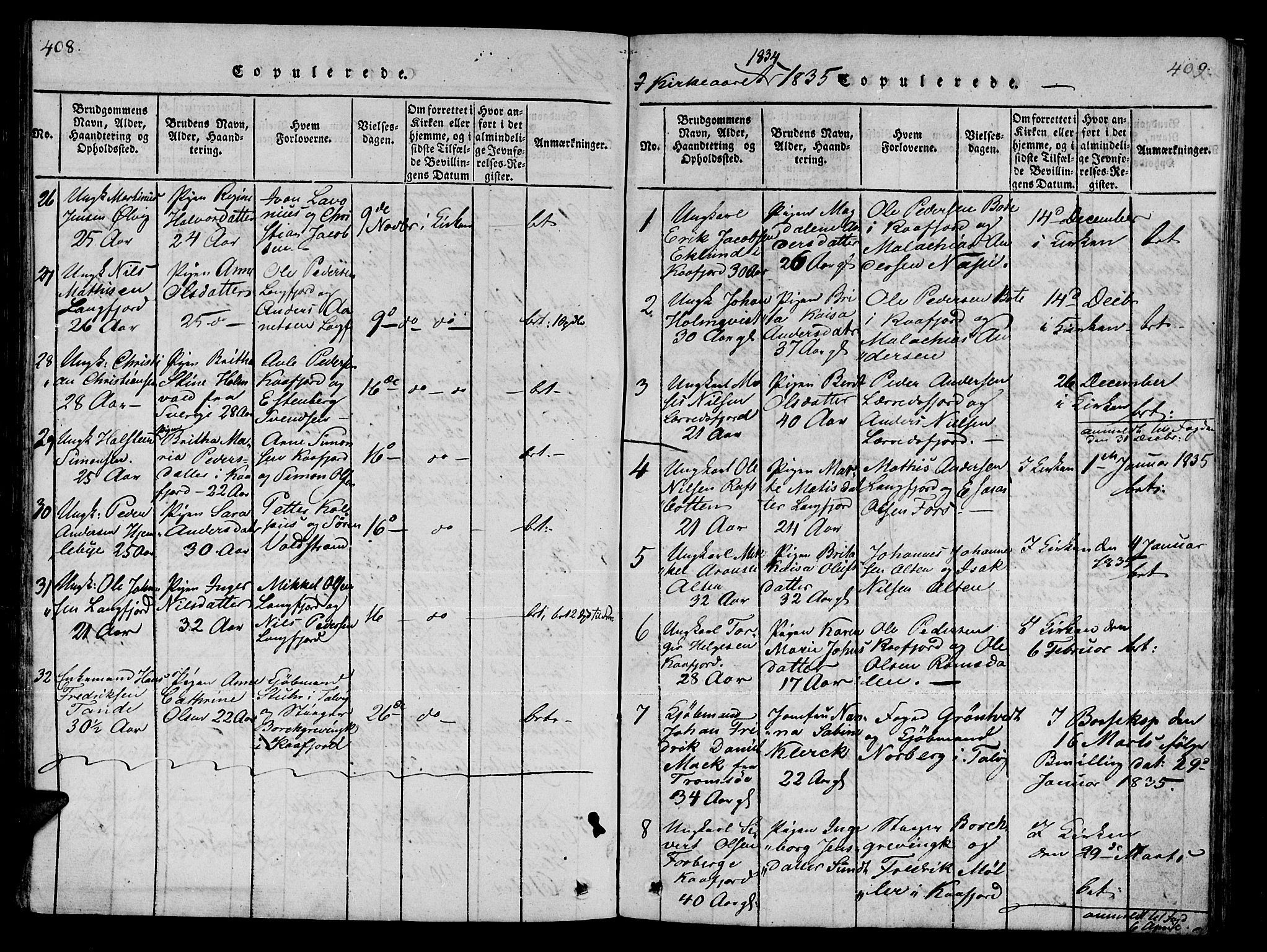 Talvik sokneprestkontor, SATØ/S-1337/H/Ha/L0008kirke: Parish register (official) no. 8, 1821-1837, p. 408-409